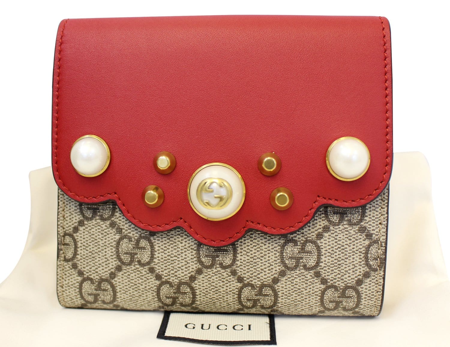 GUCCI GG Supreme French Flap Wallet Pearl Studded  431480
