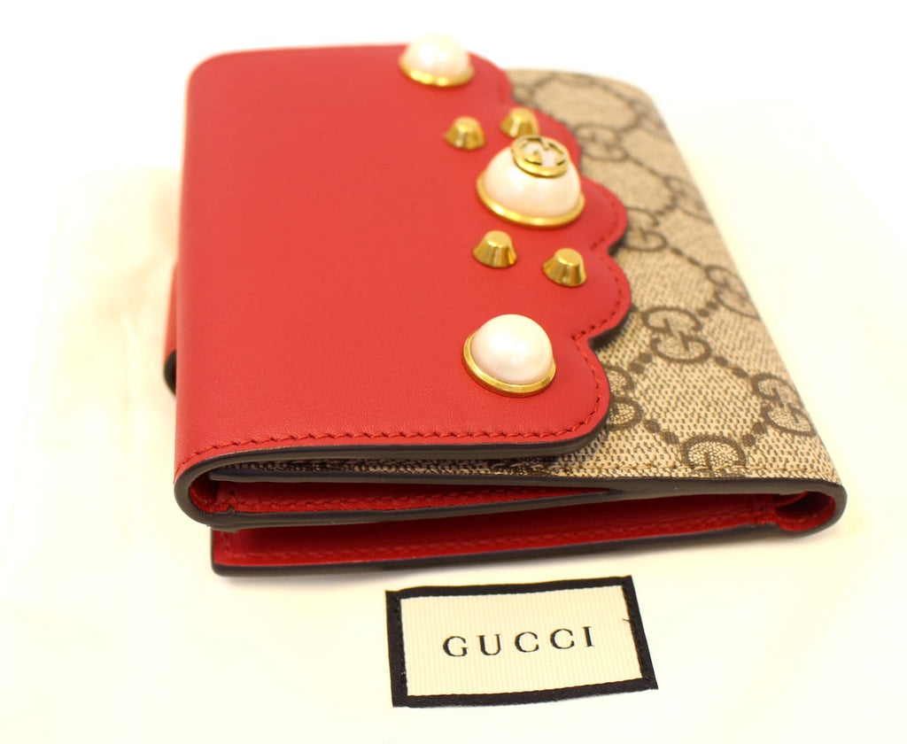 GUCCI GG Supreme French Flap Wallet Pearl Studded  431480