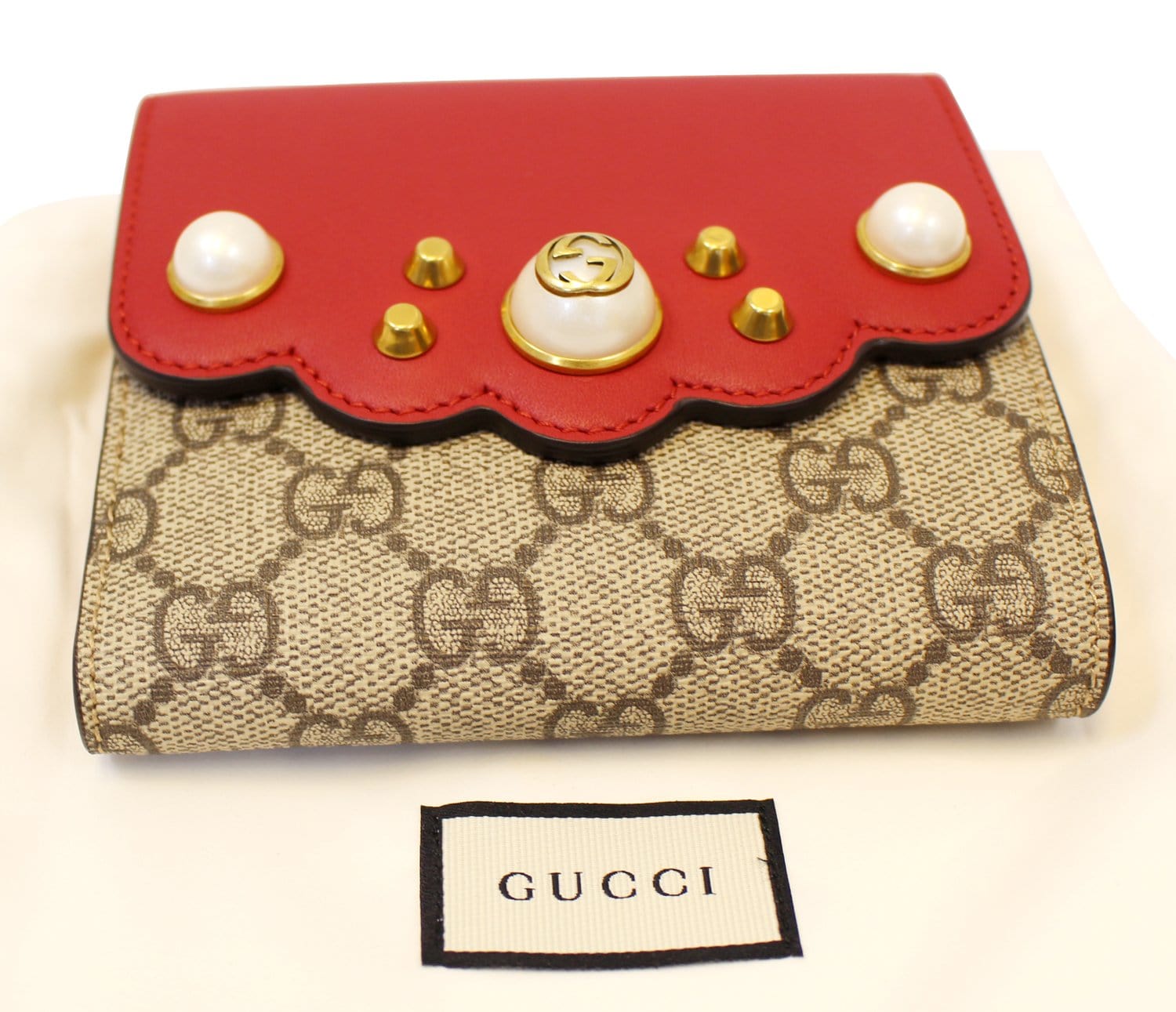 GUCCI GG Supreme French Flap Wallet Pearl Studded  431480