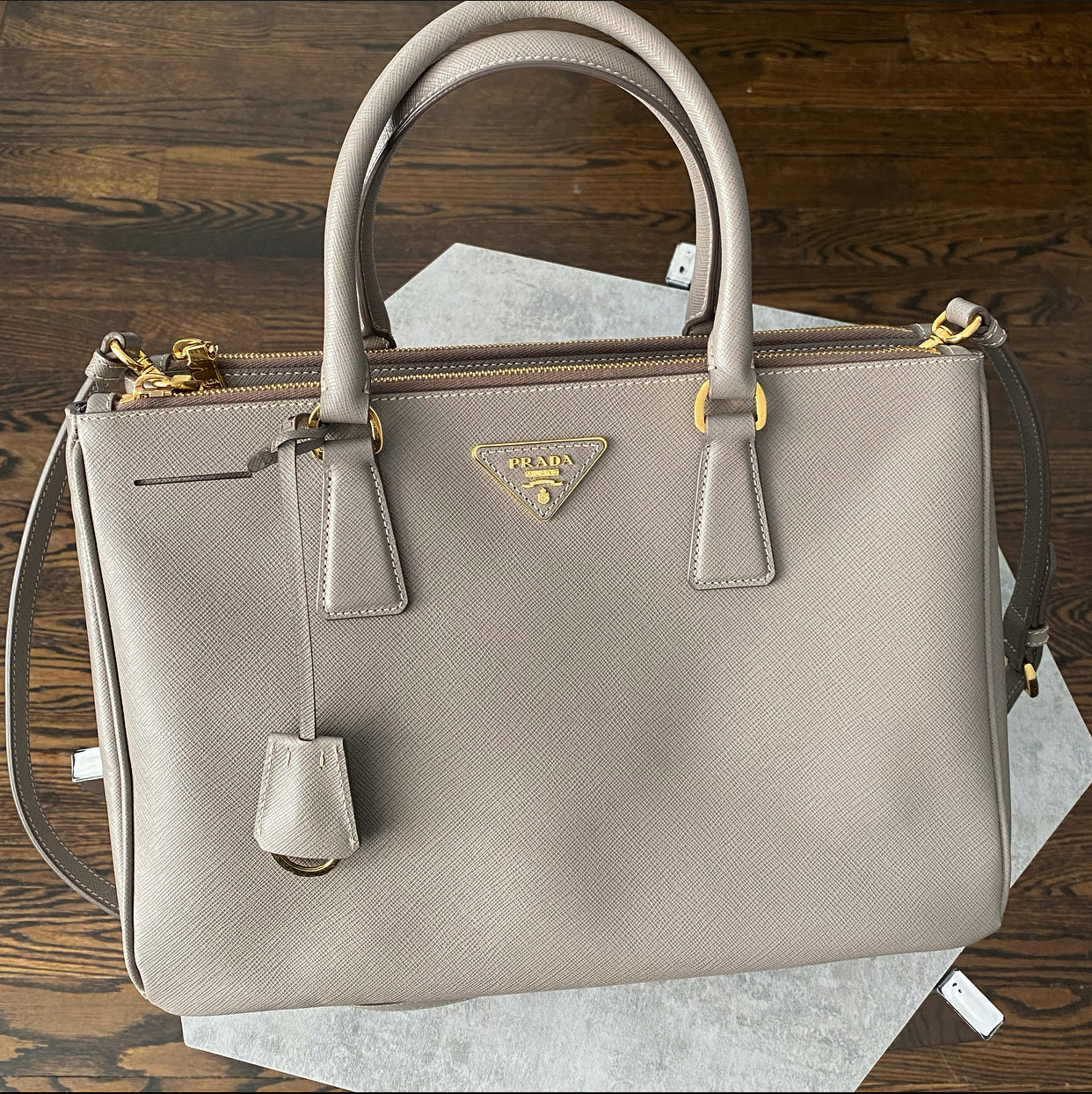 Prada Grey Taupe Argilla Saffiano Lux Galleria Double Tote Bag