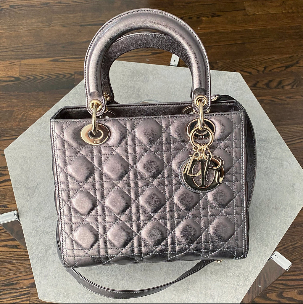Dior Lady Dior Medium Pewter Metallic Cannage Bag with Strap