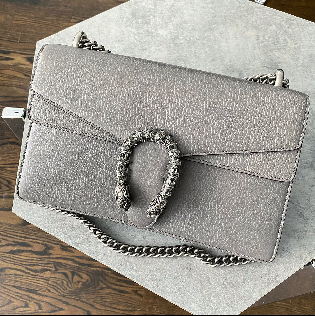 Gucci Grey Leather Small Dionysus Jewelled Clasp Bag
