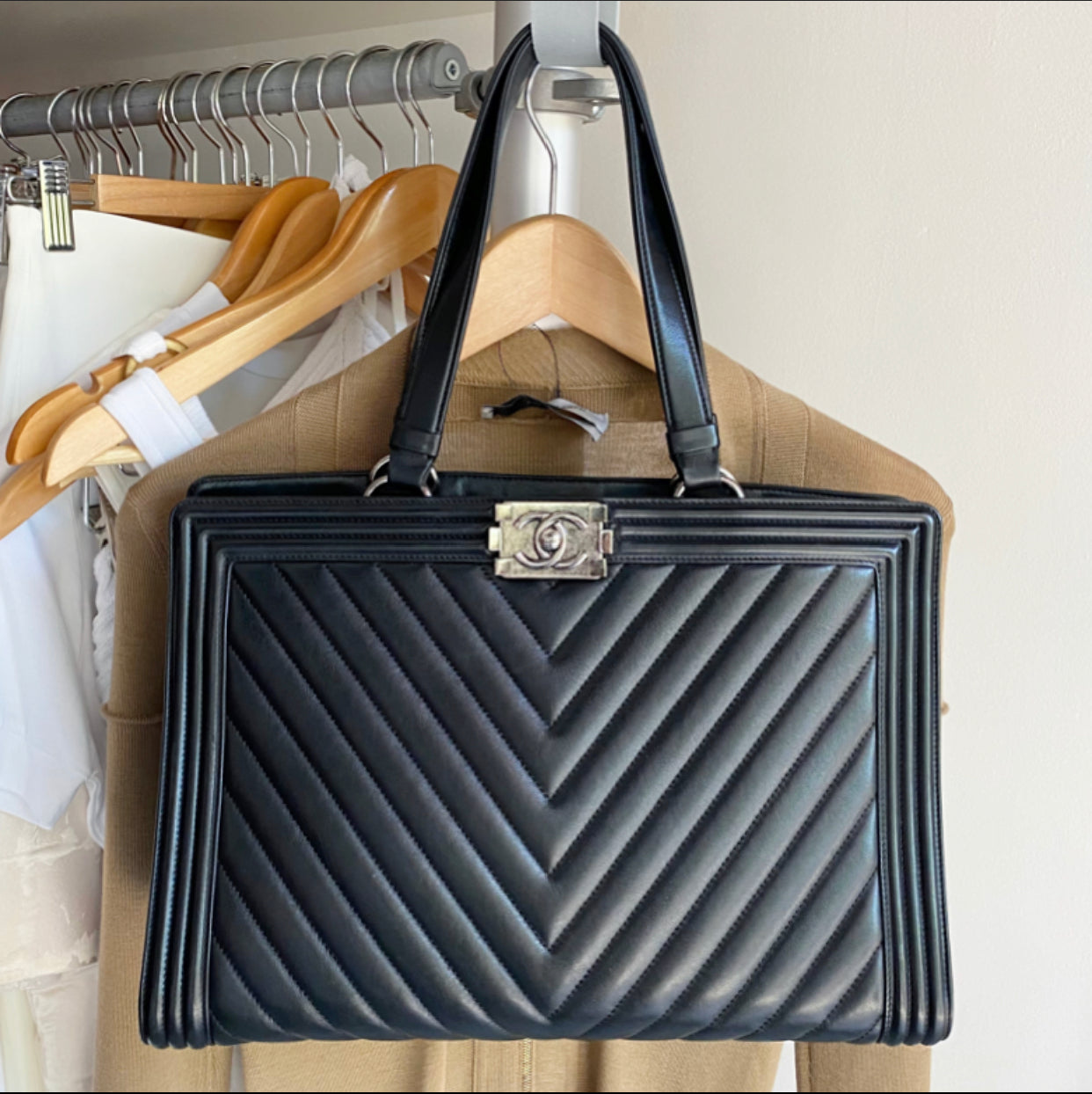 Chanel Black Classic Chevron Large Le Boy Tote Bag