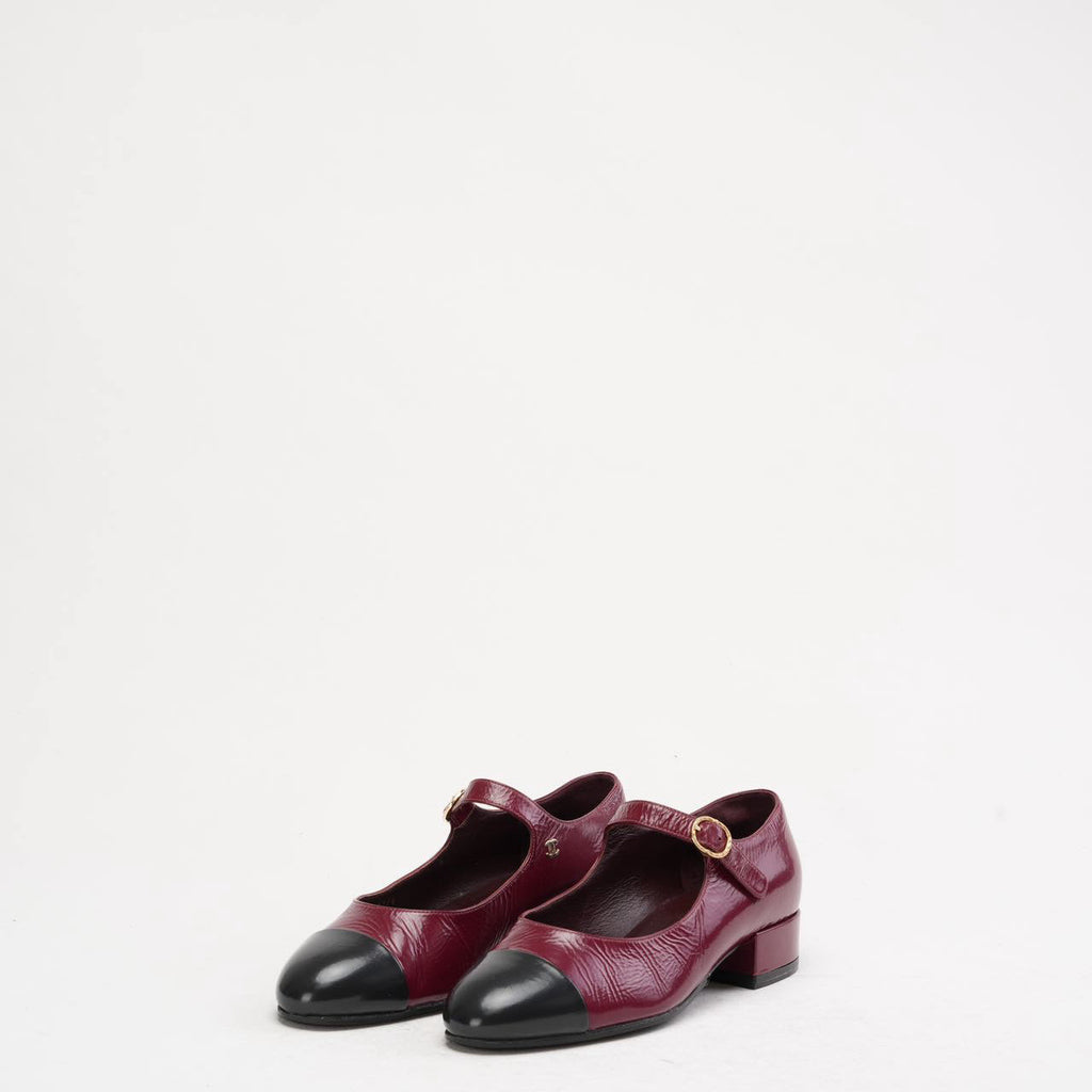 Chanel Black Red Burgundy Mary Jane Pumps 38C