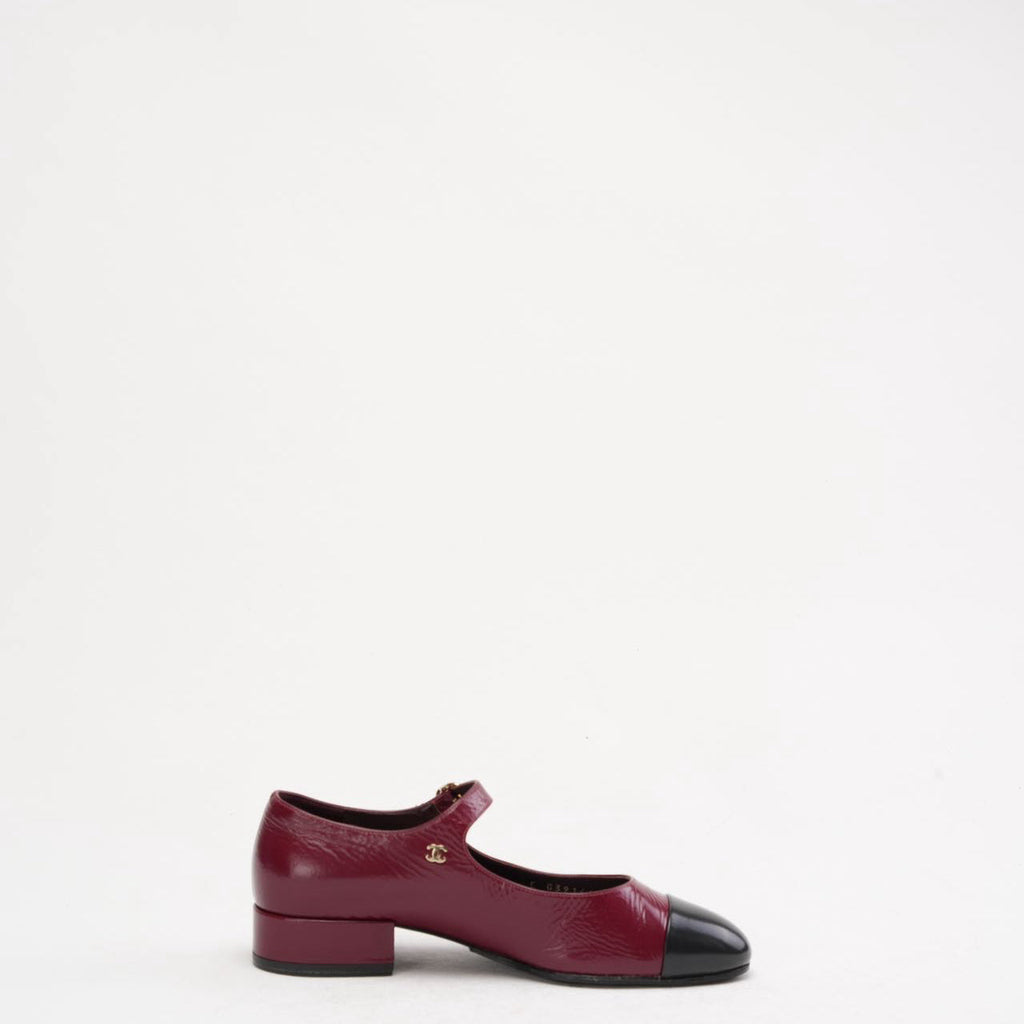 Chanel Black Red Burgundy Mary Jane Pumps 38C