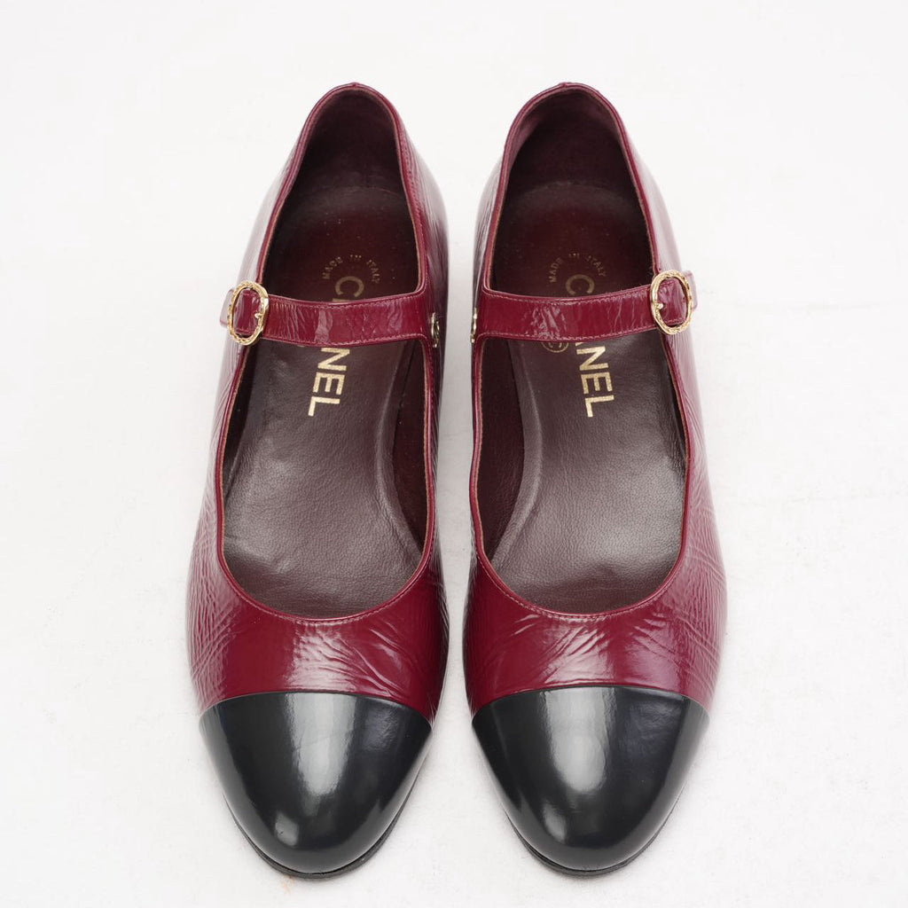Chanel Black Red Burgundy Mary Jane Pumps 38C