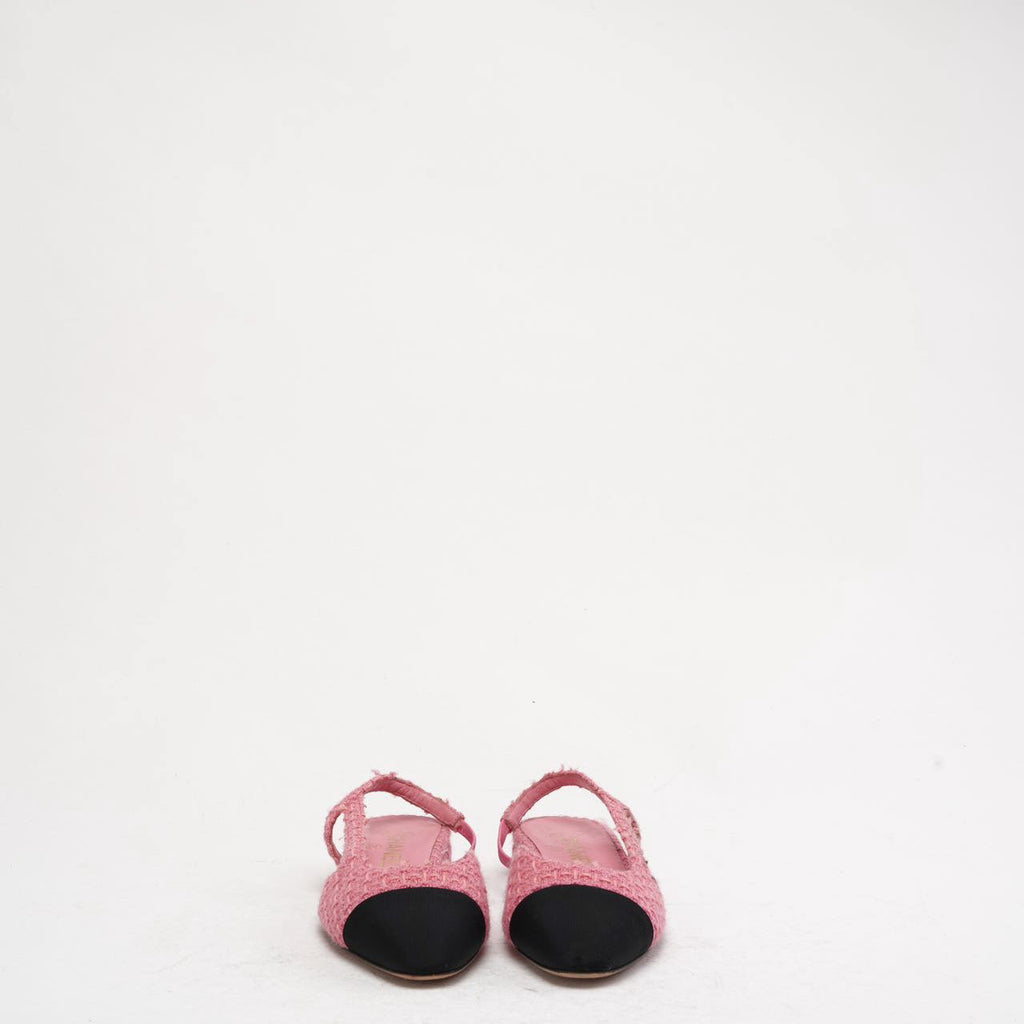 Chanel Pink/Black Tweed Cap Toe CC Slingback Pumps 37