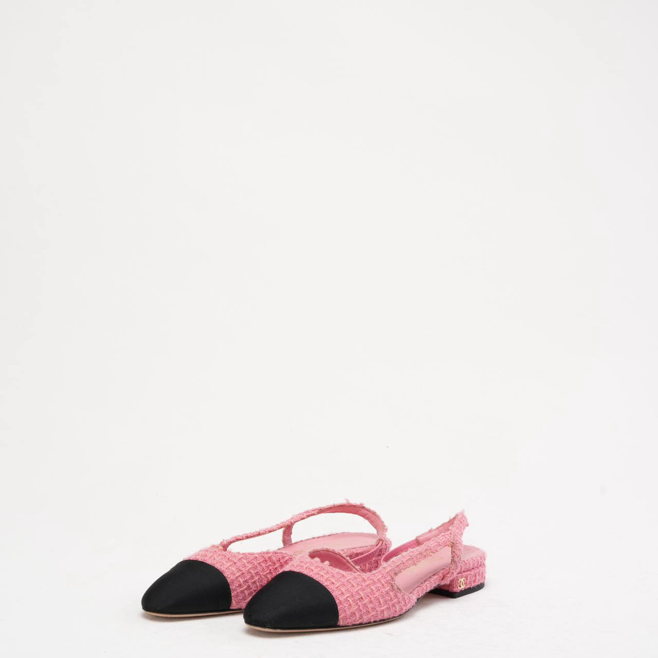 Chanel Pink/Black Tweed Cap Toe CC Slingback Pumps 37