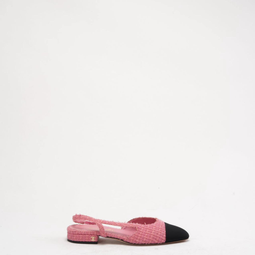 Chanel Pink/Black Tweed Cap Toe CC Slingback Pumps 37