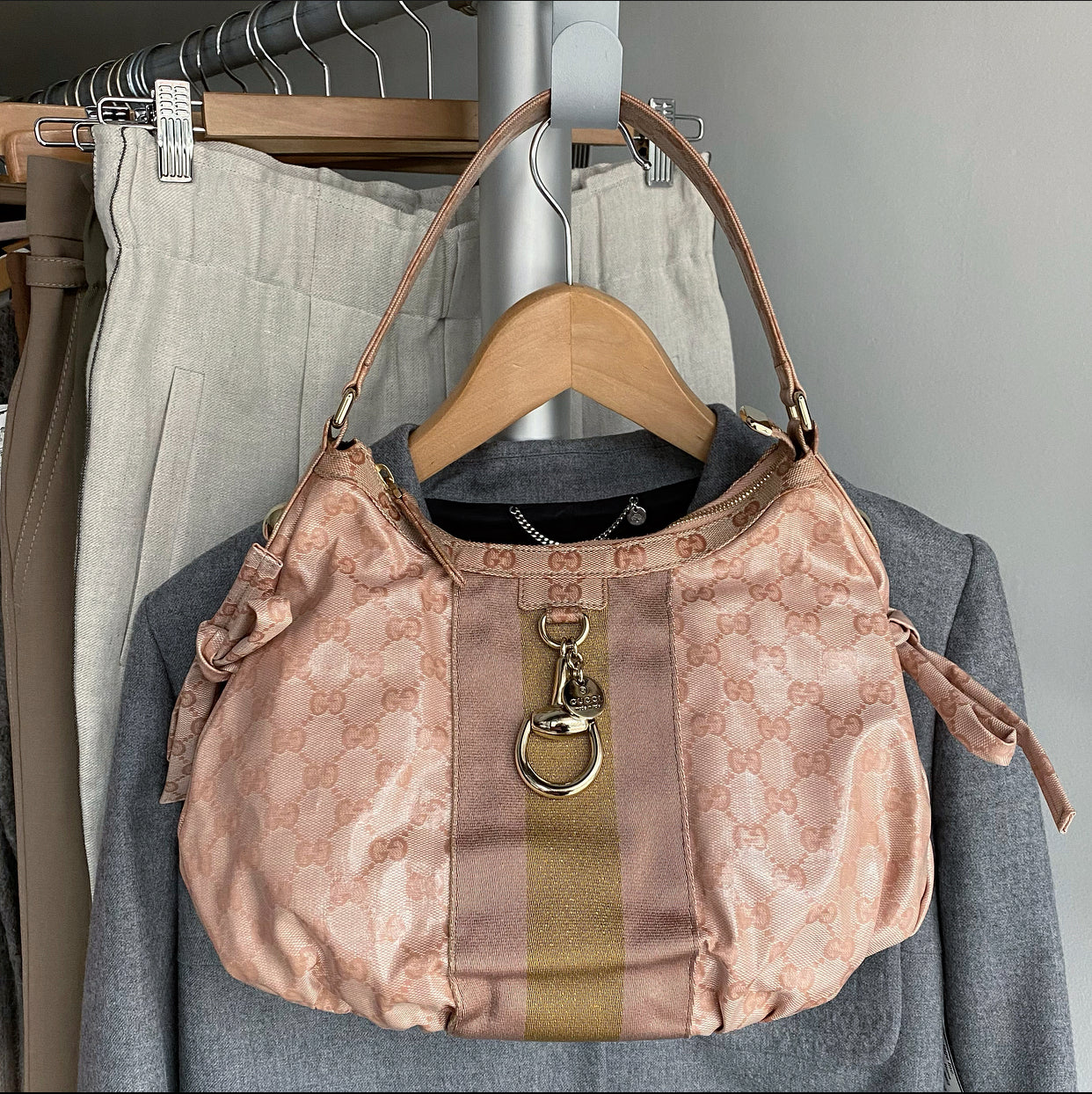 Gucci Monogram Canvas Pink Crystal Coated Small Hobo Bag