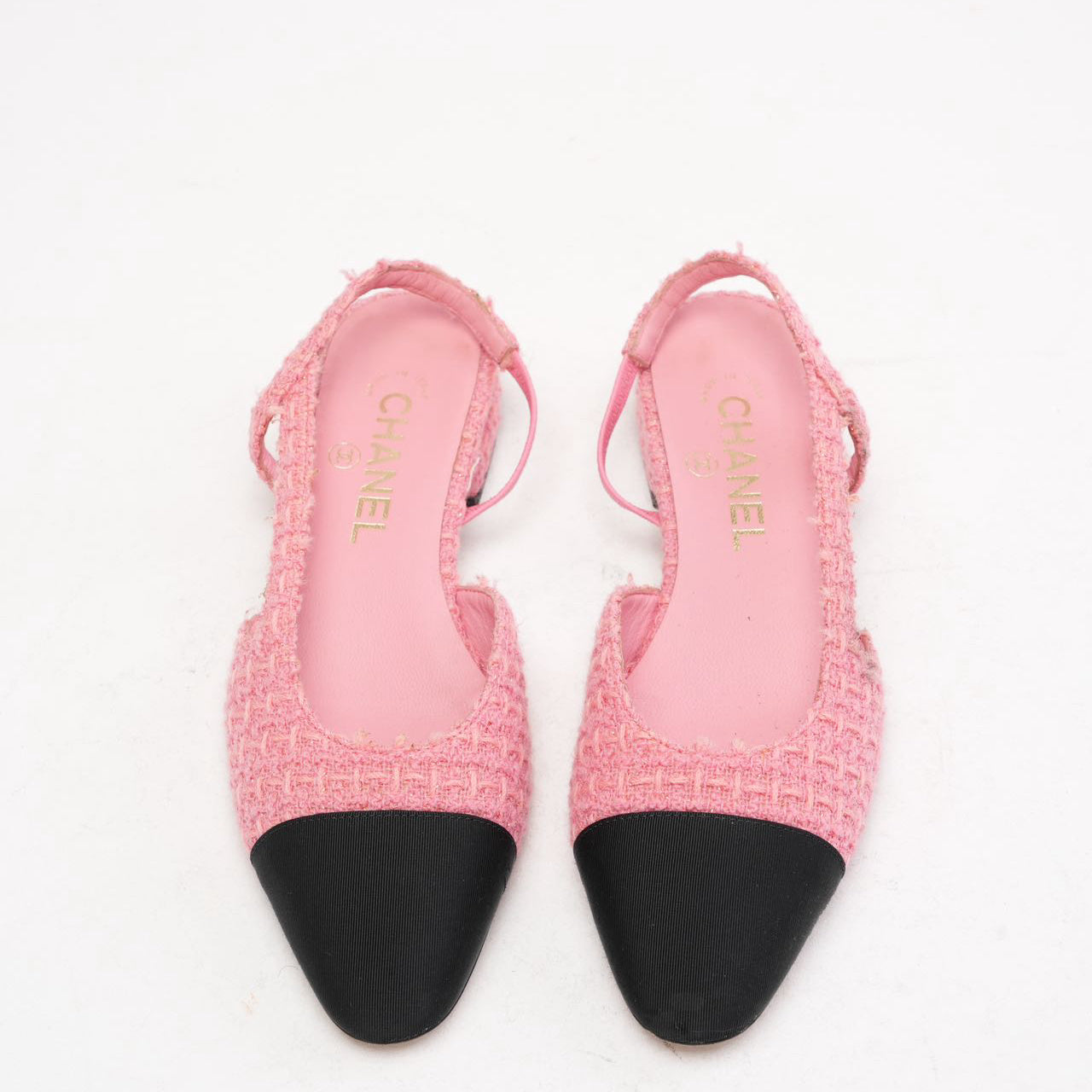 Chanel Pink/Black Tweed Cap Toe CC Slingback Pumps 37