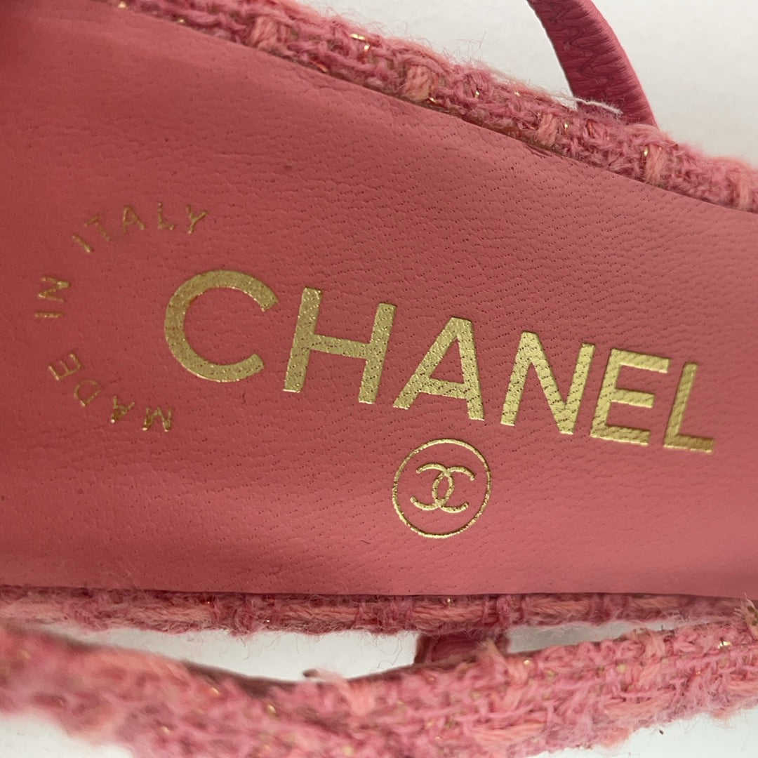 Chanel Pink/Black Tweed Cap Toe CC Slingback Pumps 37
