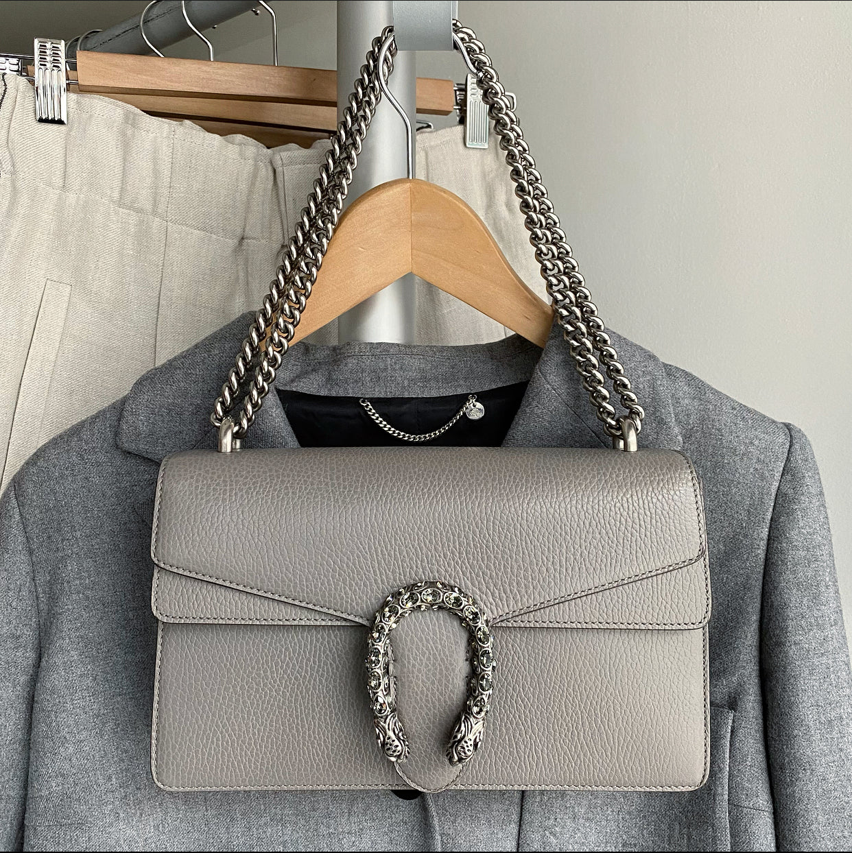 Gucci Grey Leather Small Dionysus Jewelled Clasp Bag