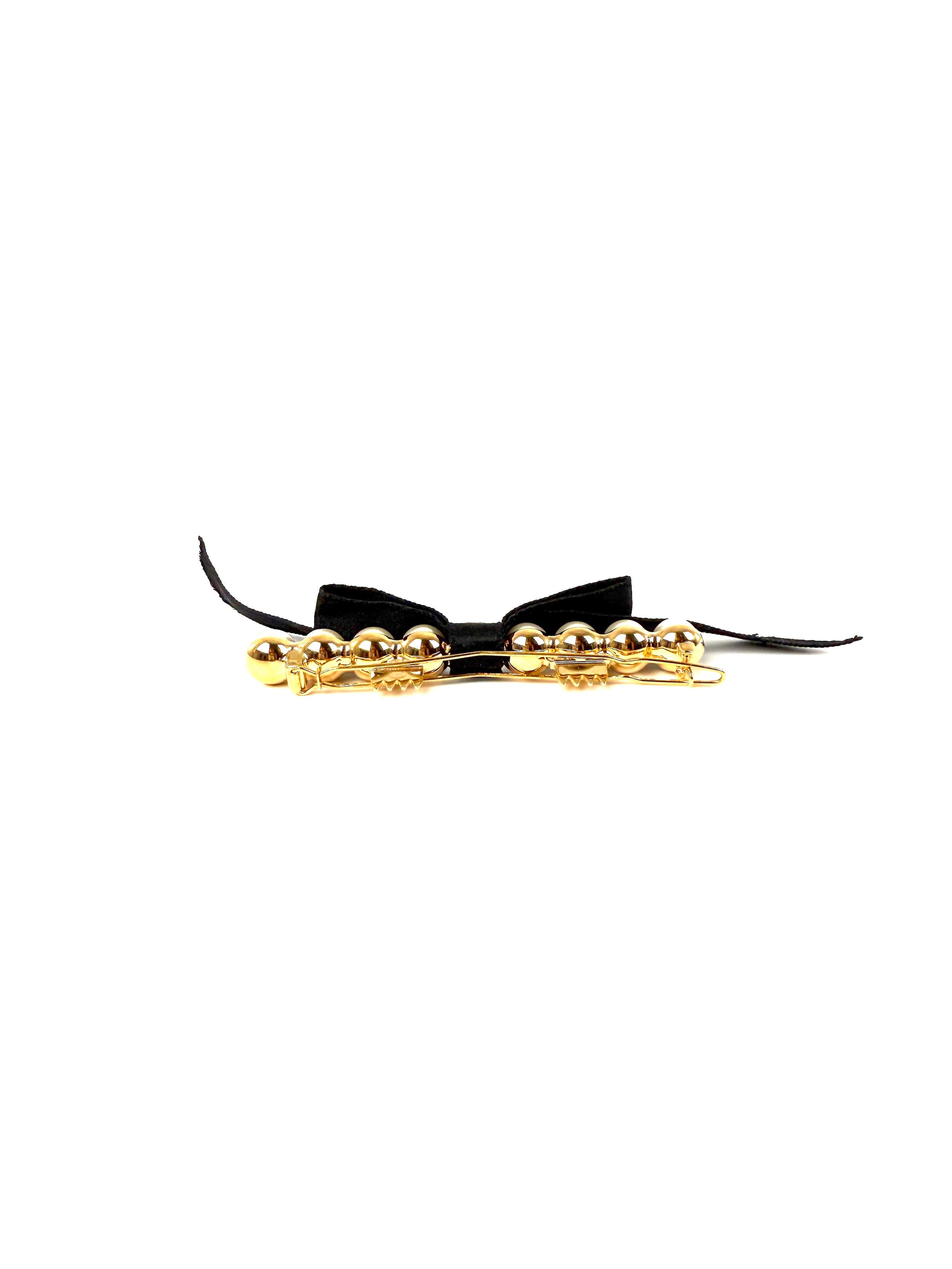 CHANEL Black Faux Pearl Bow CC Logo 2025 Gold hardware Hair Barrette Clip