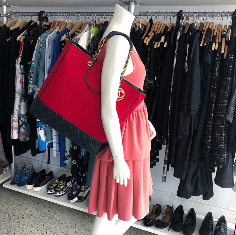 Chanel Vintage 1989 Red Canvas and Navy Leather Large Tote Bag