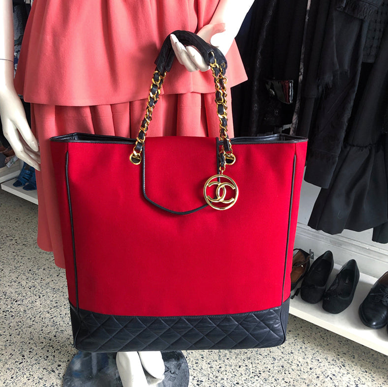Chanel Vintage 1989 Red Canvas and Navy Leather Large Tote Bag