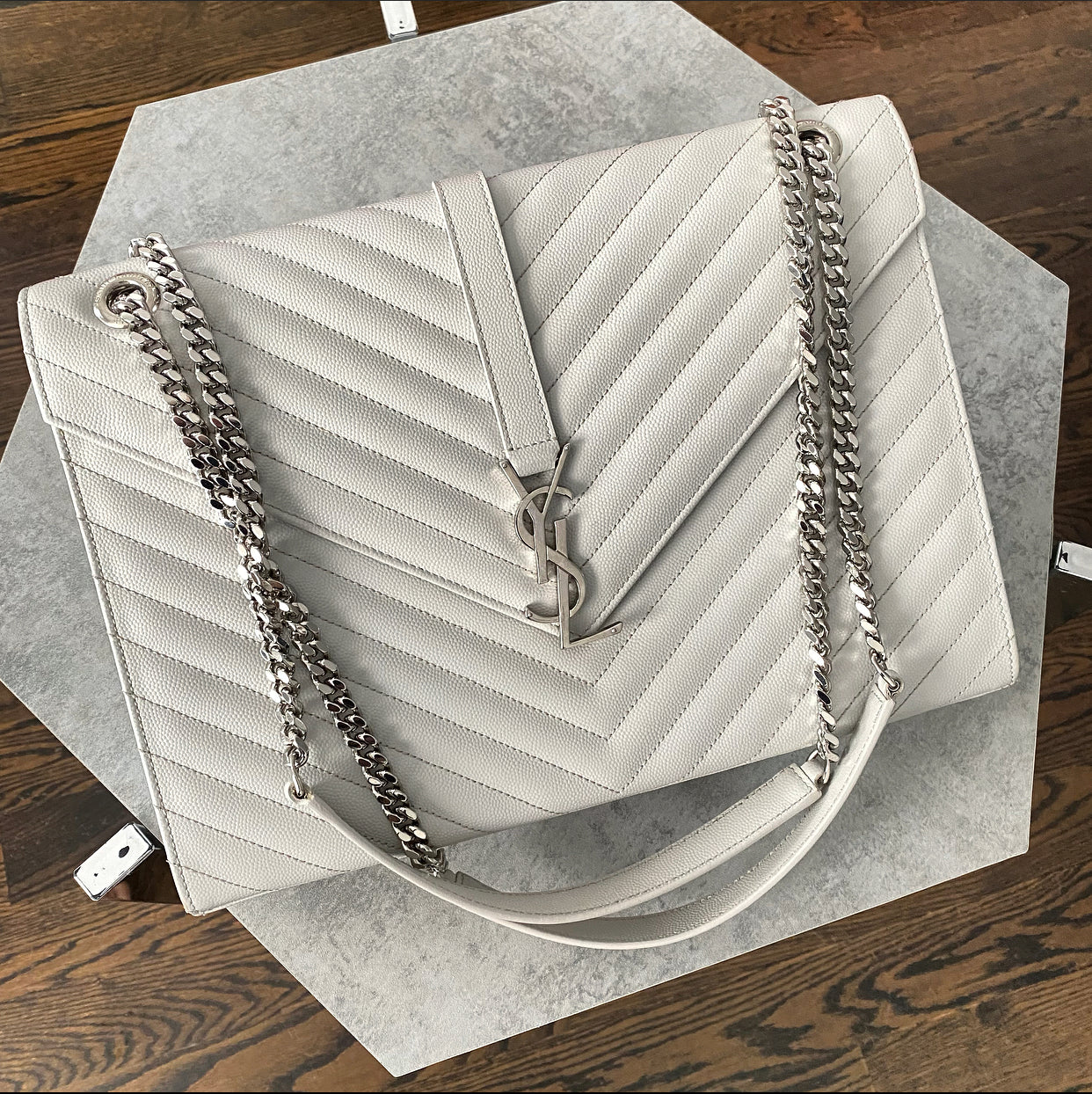Saint Laurent Large Grey Chevron Envelope Flap Bag