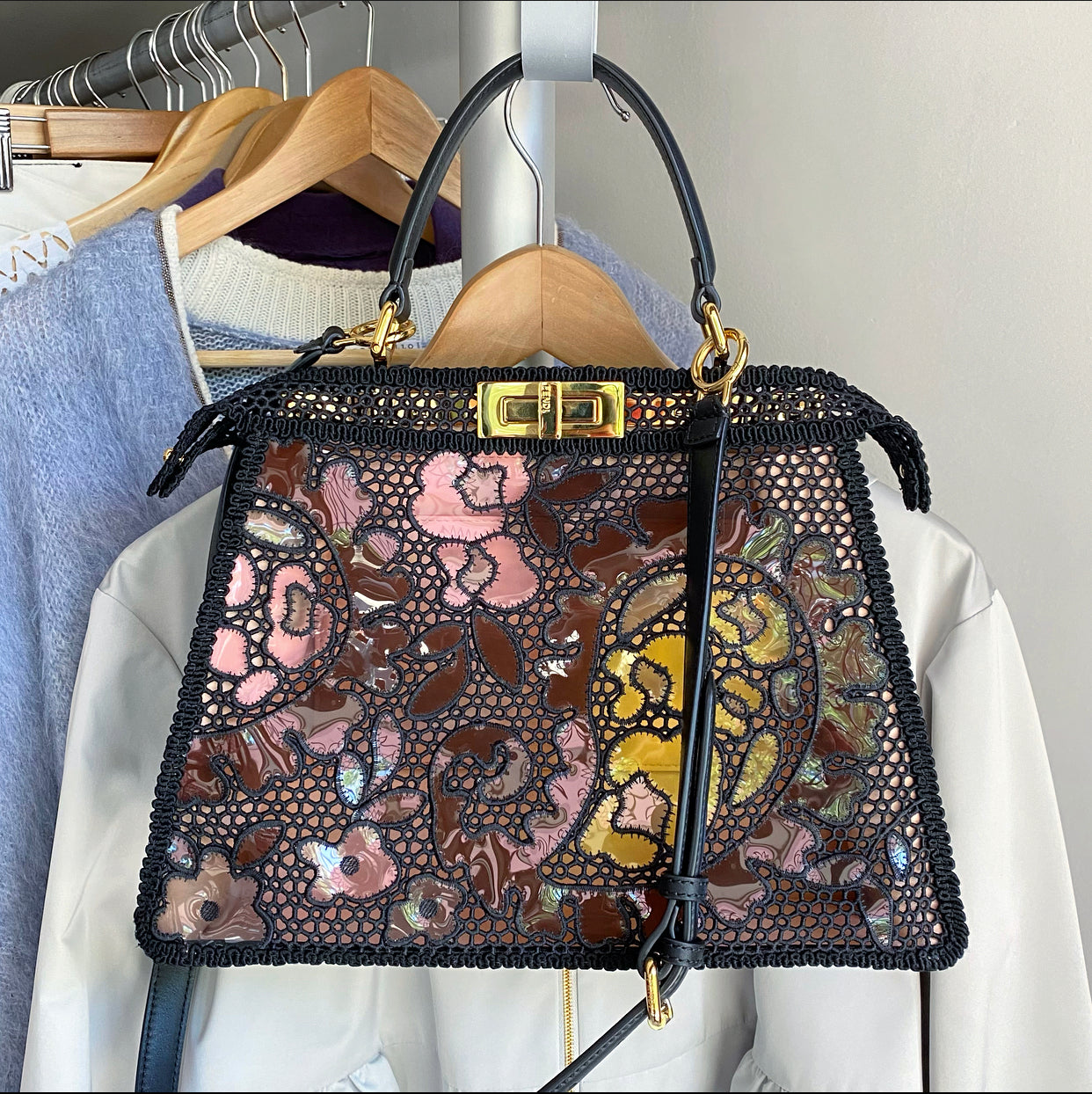Fendi 2021 Medium Peekaboo ISeeU Black Lace Bag