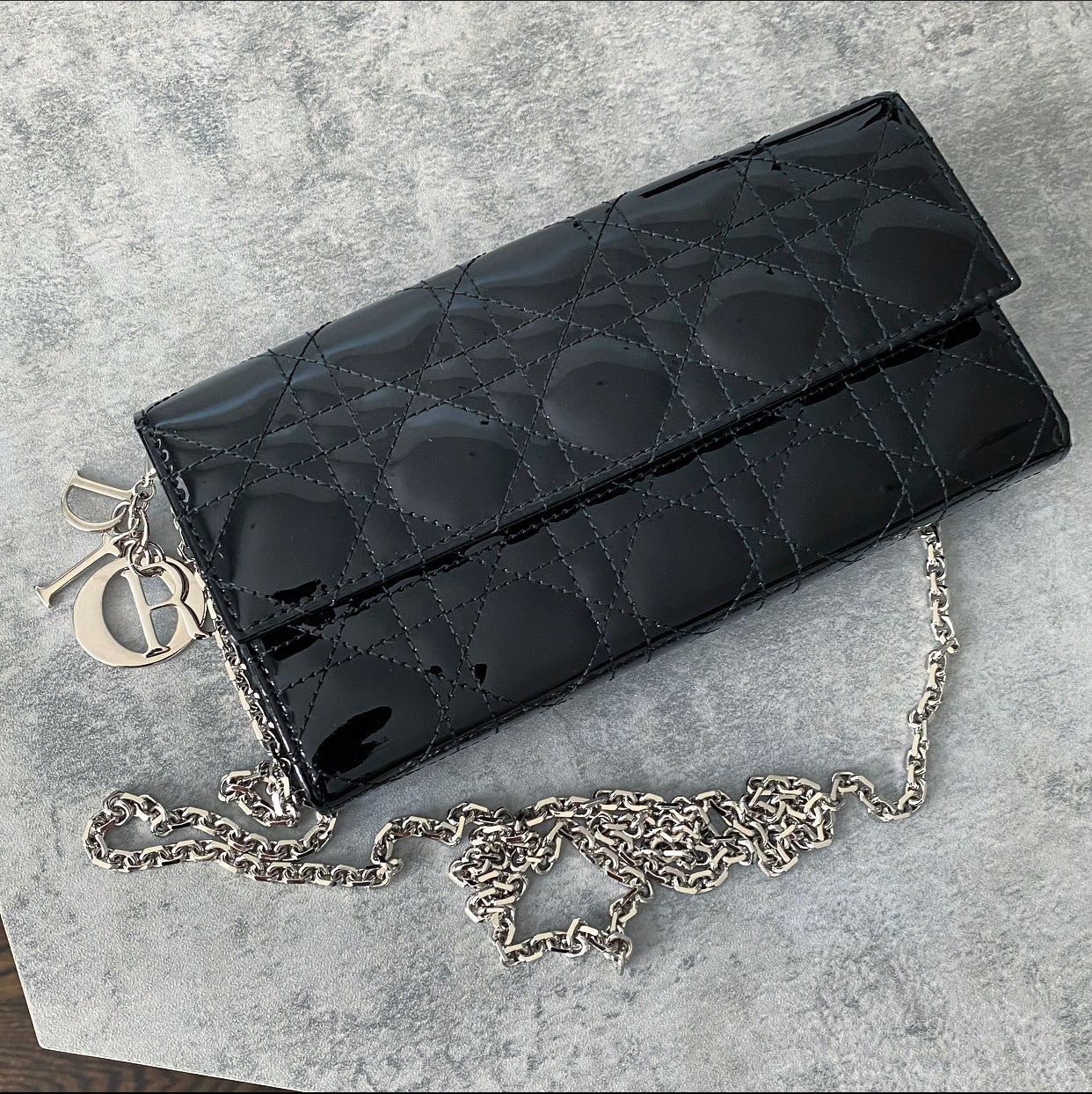 Dior Black Patent Cannage Lady Dior WOC Wallet on Chain
