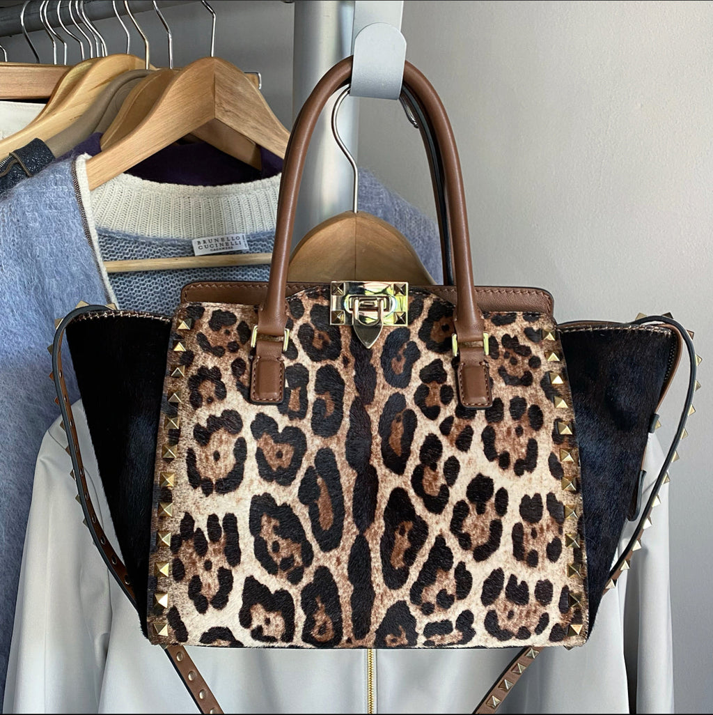 Valentino Leopard Calf Hair Small Rock Stud Trapeze Bag