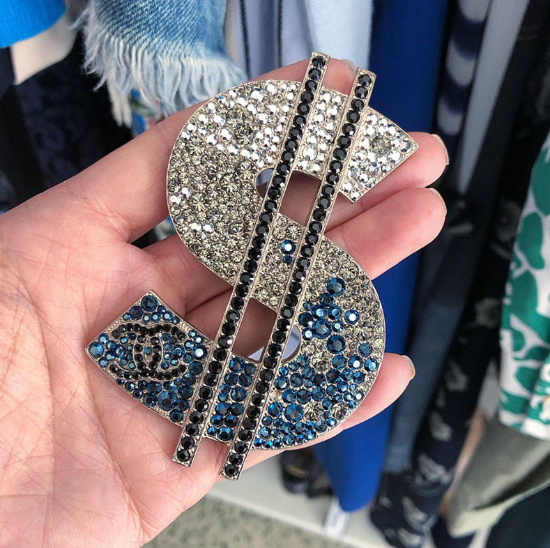 Chanel 08P Crystal Strass CC Dollar Sign Brooch Pin