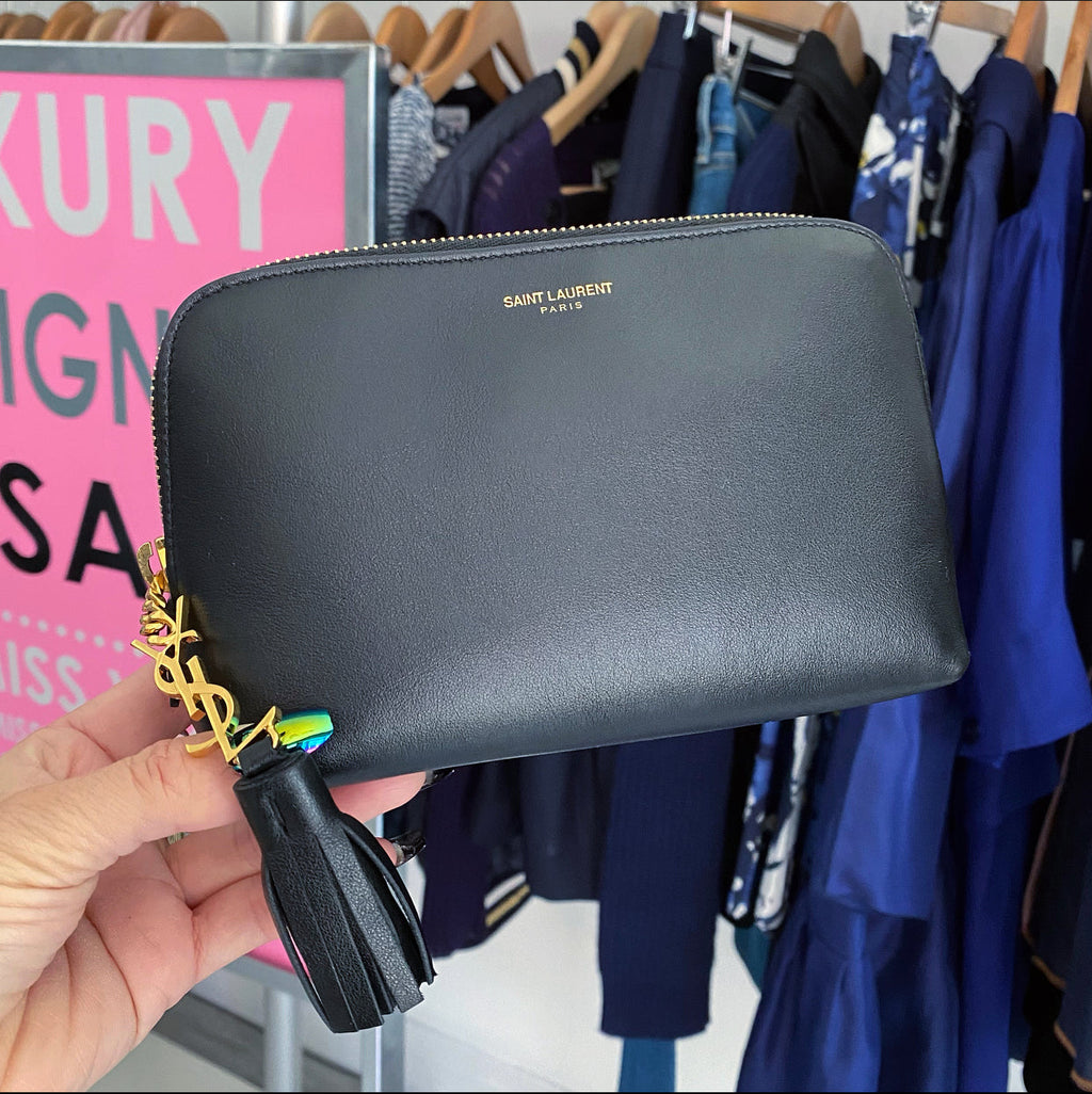 Saint Laurent Small Black Leather Cosmetic Accessory Pouch Bag