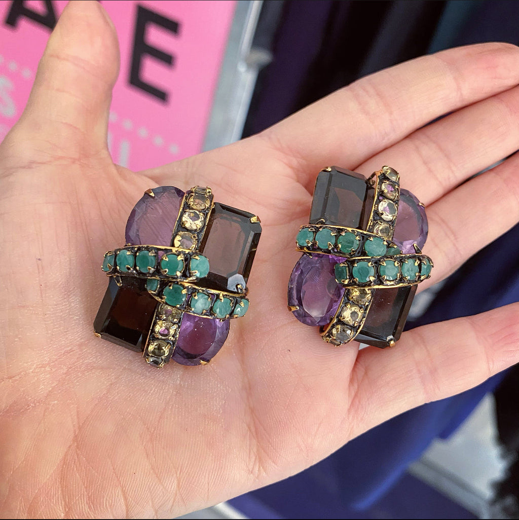 Iradj Moini Large Amethyst Smoky Topaz Citrine Statement Clip Earrings