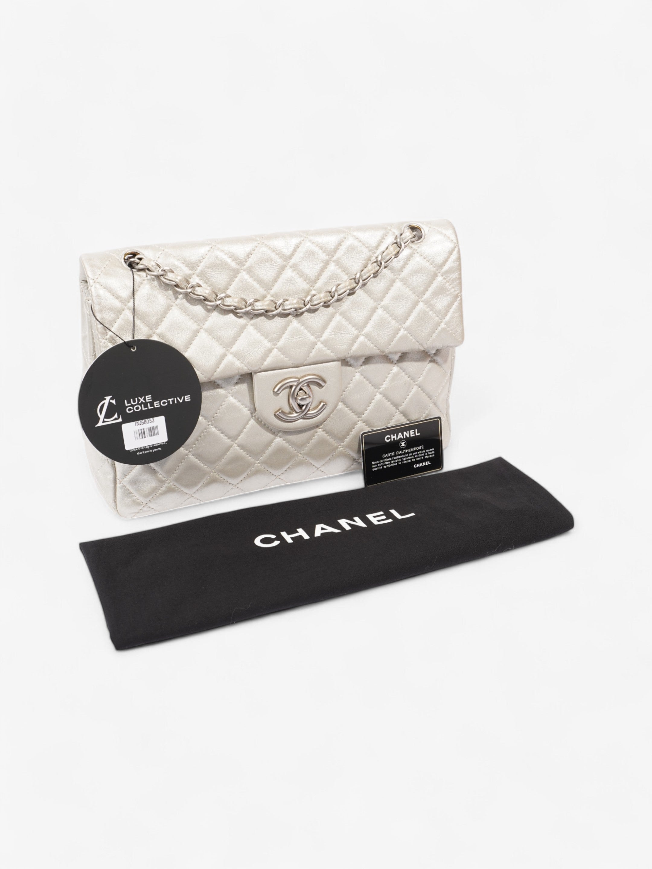 Chanel Classic Single Flap Metallic Grey Lambskin Leather Maxi