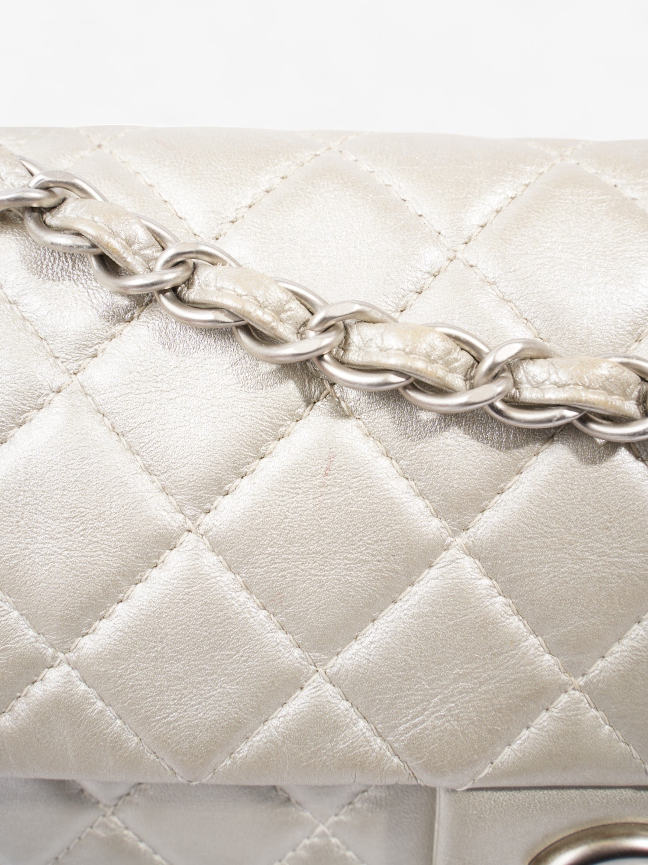 Chanel Classic Single Flap Metallic Grey Lambskin Leather Maxi
