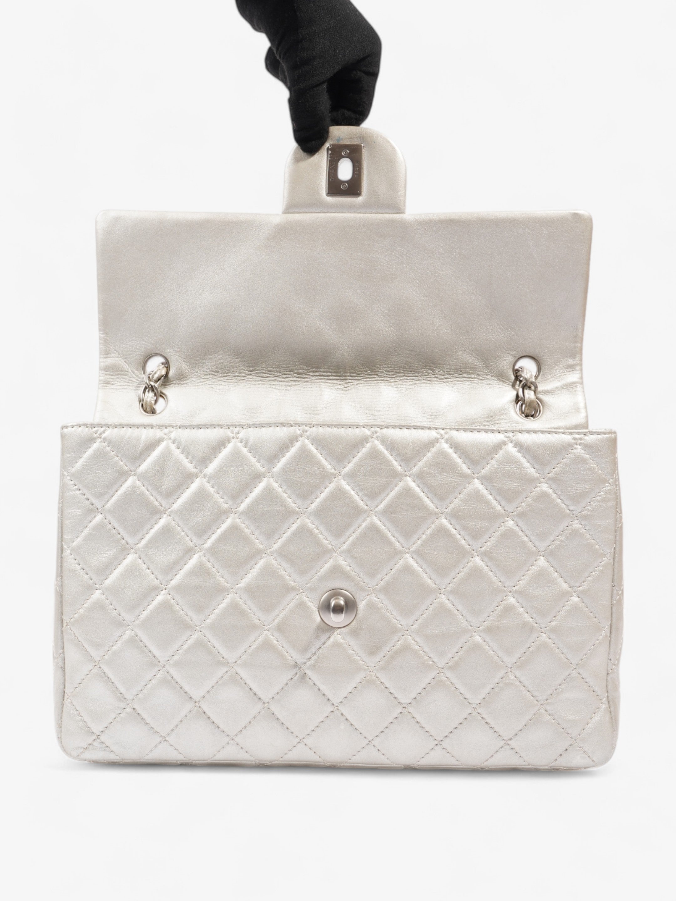 Chanel Classic Single Flap Metallic Grey Lambskin Leather Maxi