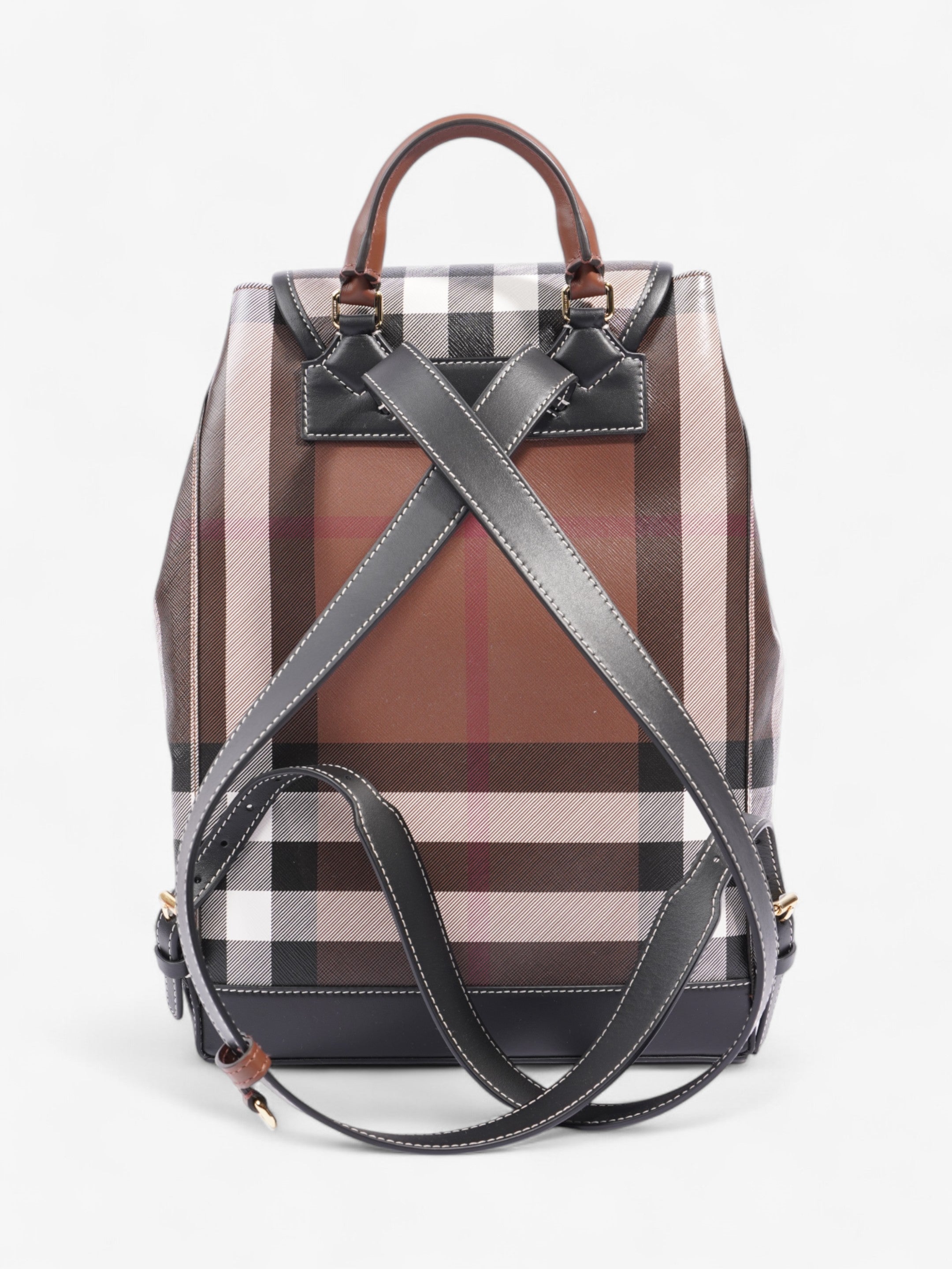 Burberry Check Backpack Dark Birch Brown / Black Coated Canvas Medium