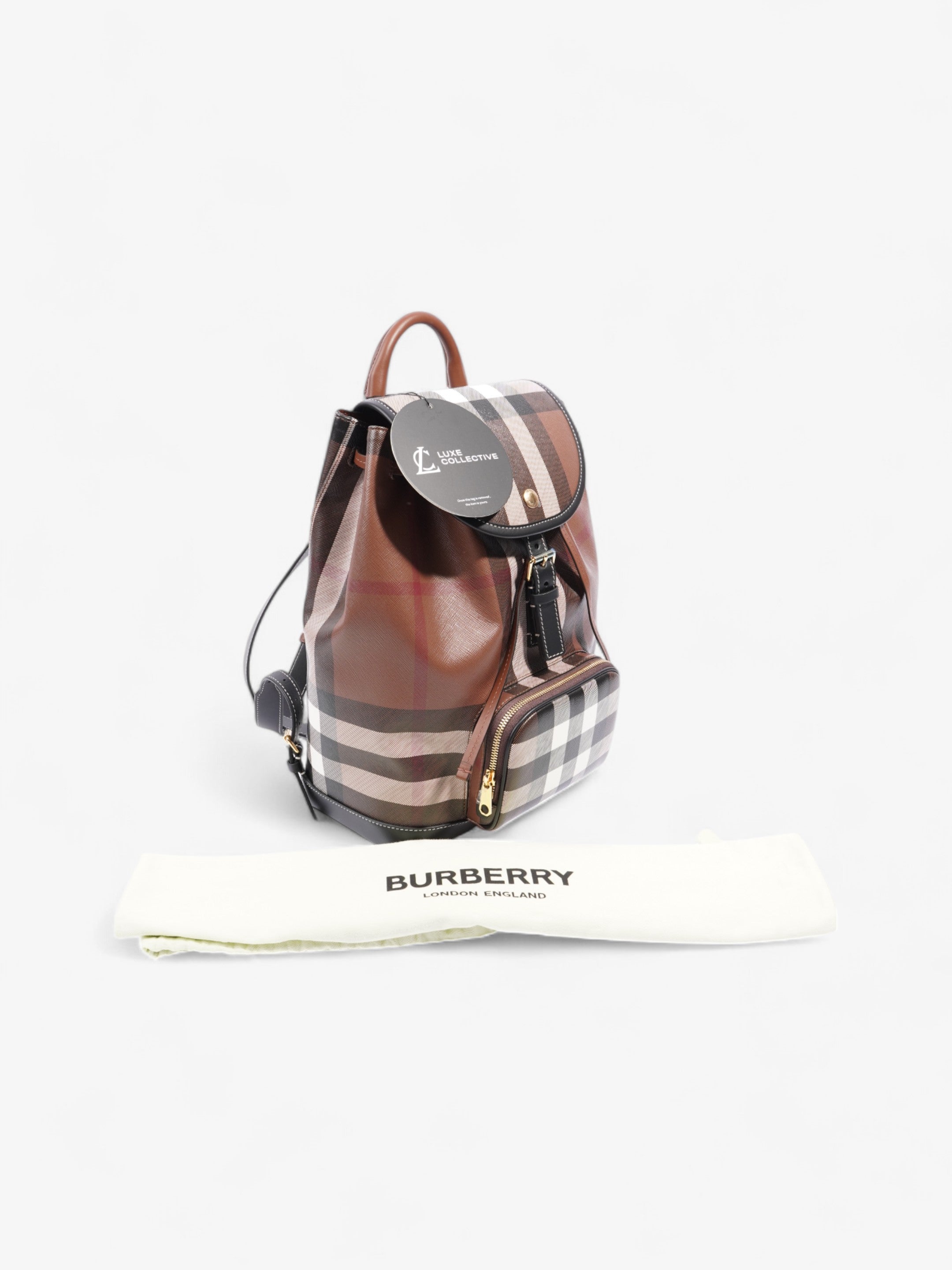 Burberry Check Backpack Dark Birch Brown / Black Coated Canvas Medium