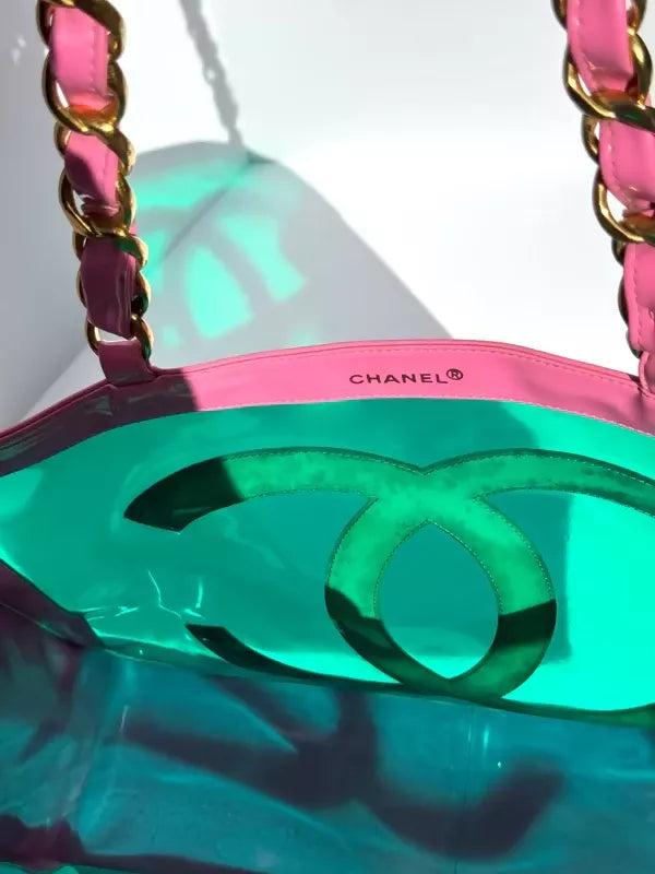 Chanel 1995 Vintage Barbie Pink Patent PVC Chunky Chain Tote Bag