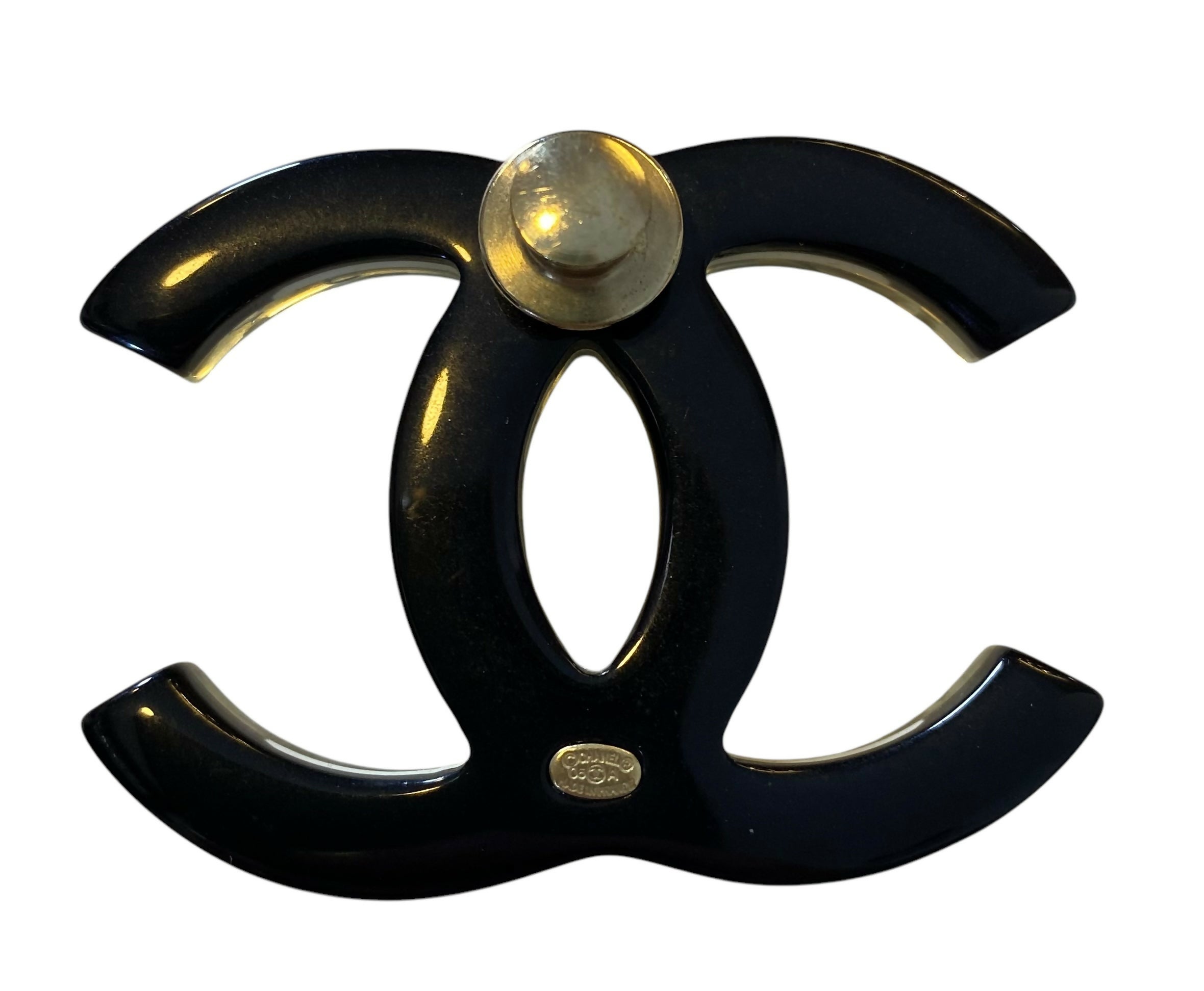 Rare Chanel 05A Oversized Large Black White Striped Resin Pearl Enamel CC Brooch