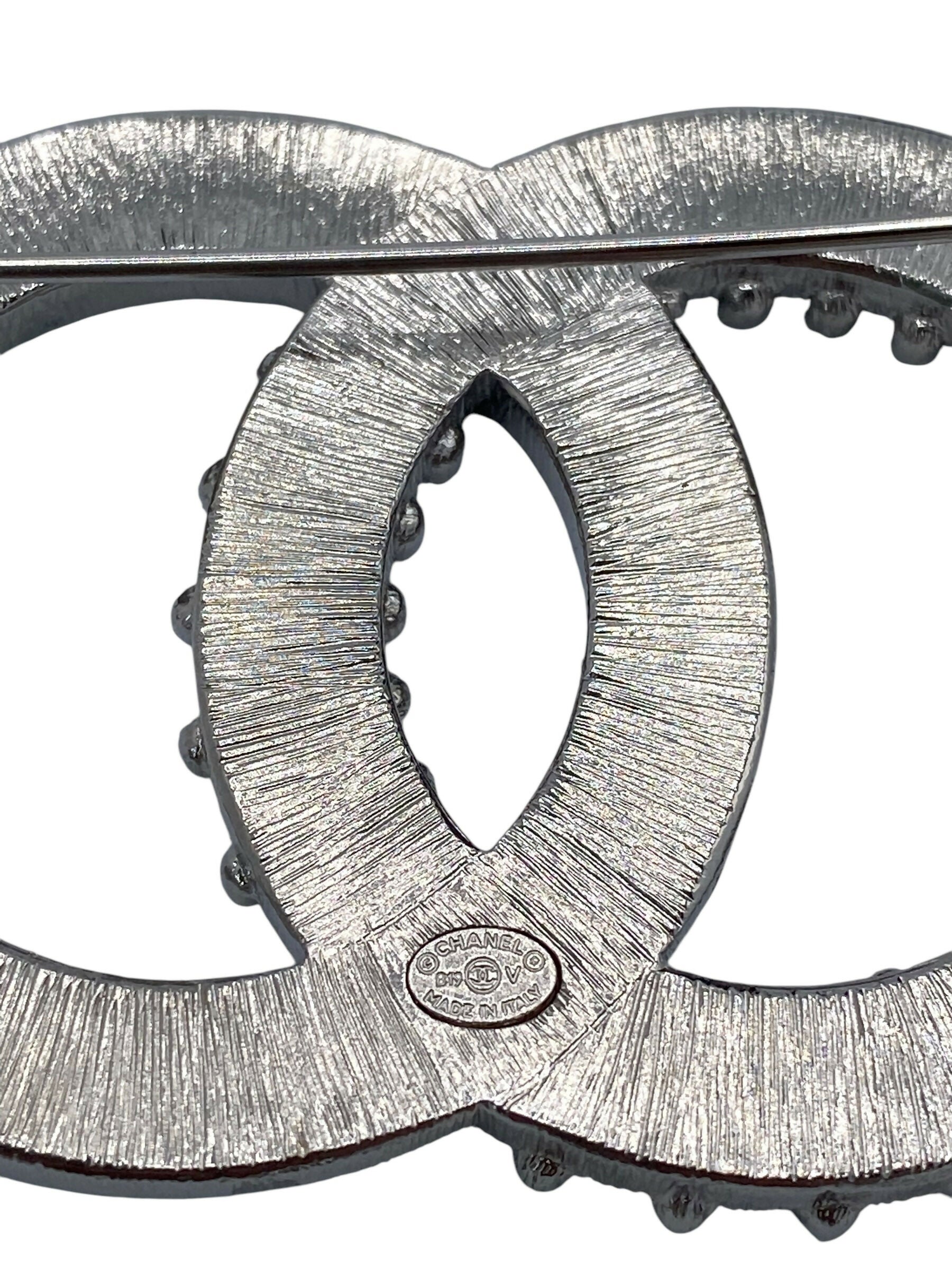 Chanel 2019 Large Silver Crystal Embellished CC Brooch