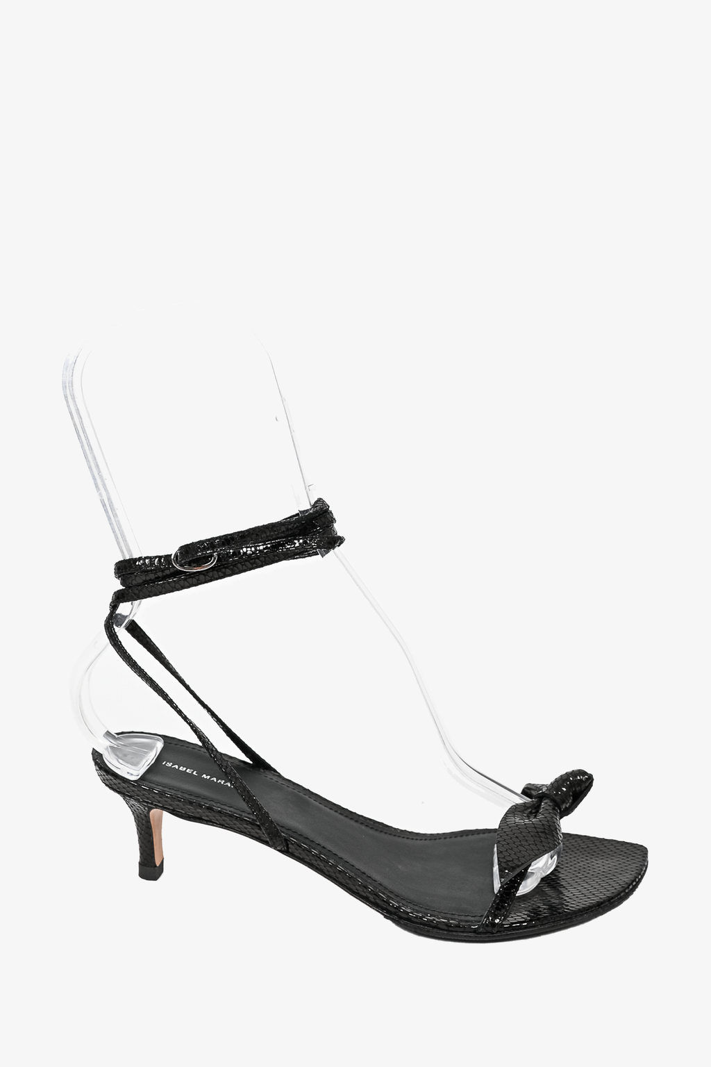 Isabel Marant Black Snakeskin Embossed Leather Bow Lace Up Kitten Heel Sandals Size 36