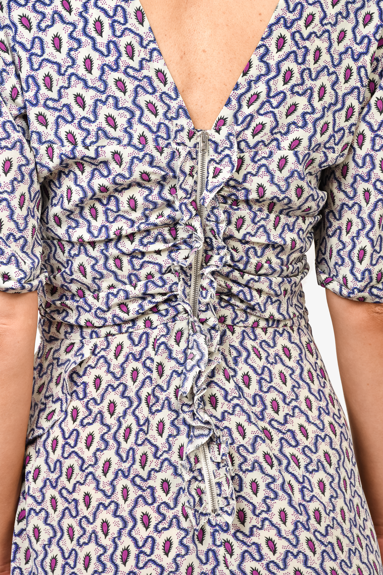 Isabel Marant Blue Patterned Silk Ruched Dress Size 42