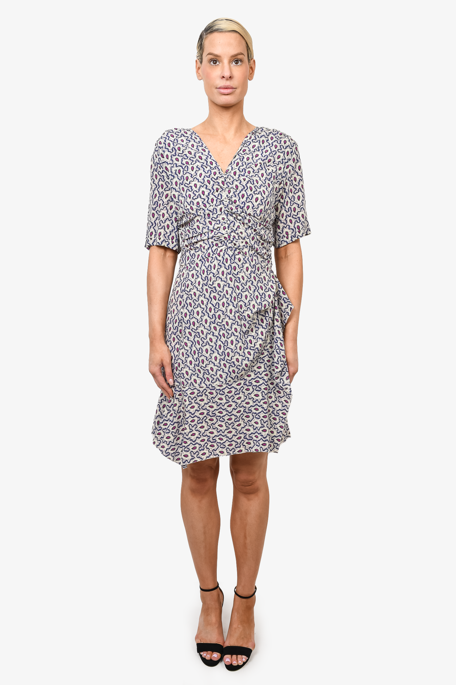 Isabel Marant Blue Patterned Silk Ruched Dress Size 42