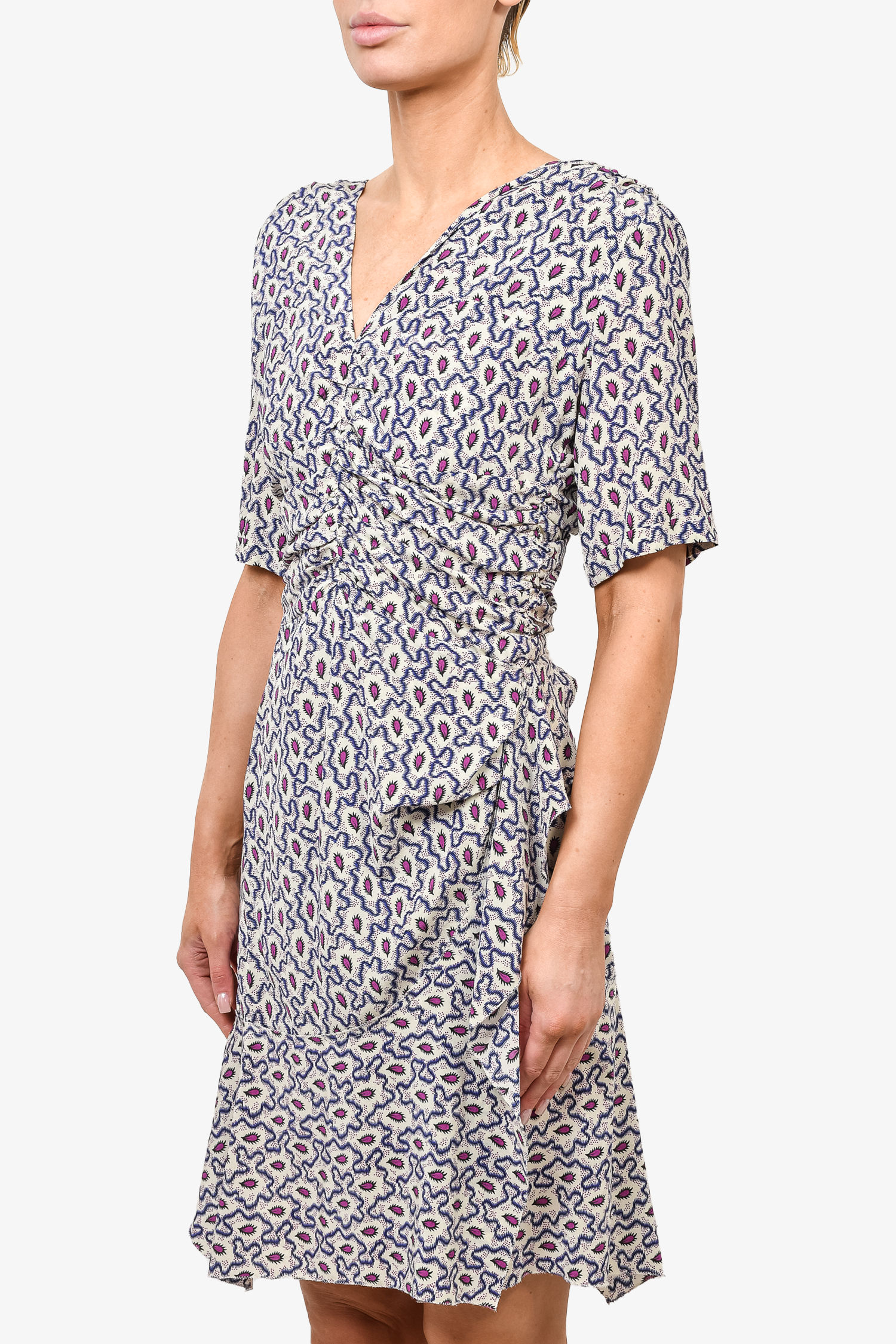 Isabel Marant Blue Patterned Silk Ruched Dress Size 42