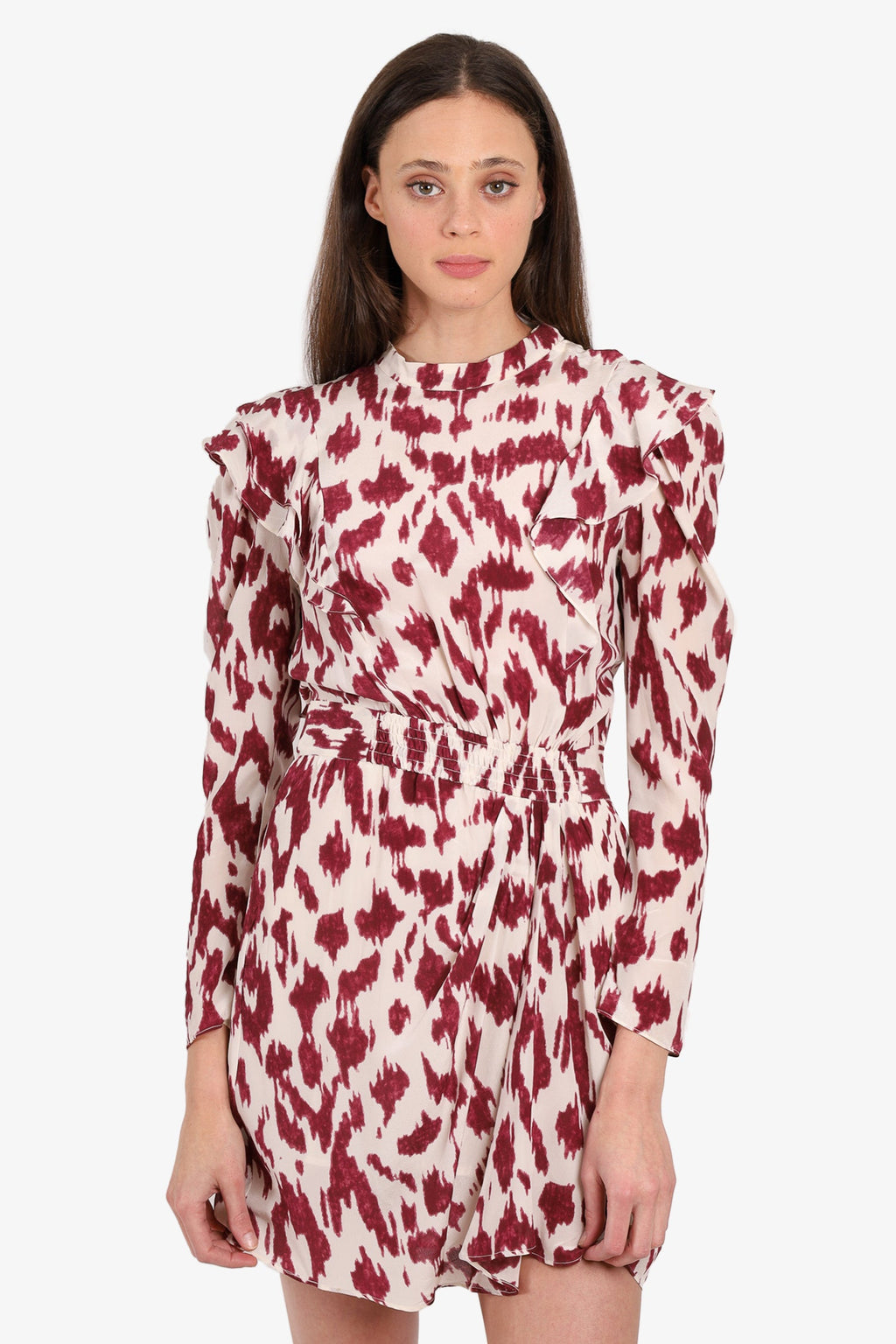 Isabel Marant Etoile White/Burgundy Patterned Ruffled Long-Sleeve Dress size 38
