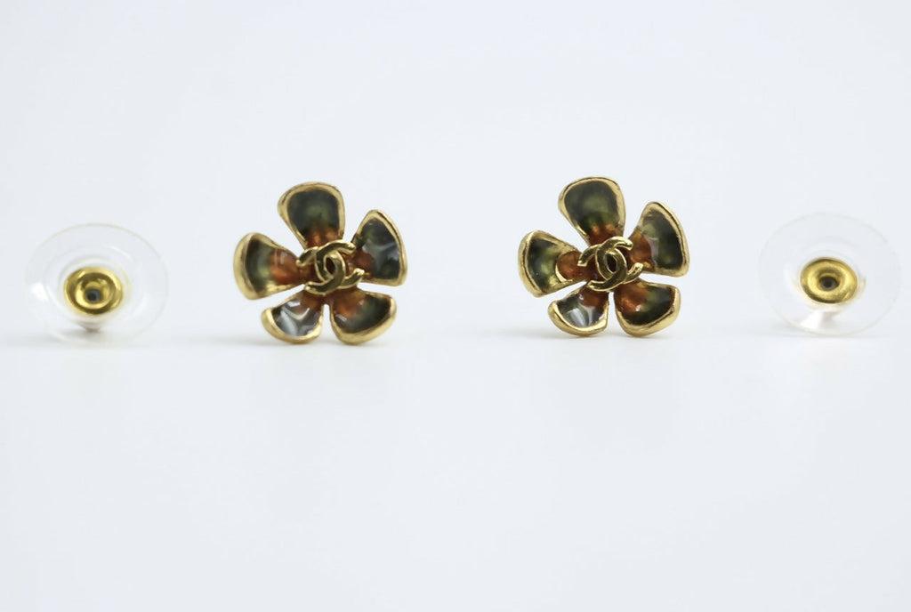 Chanel Vintage 03P Gold-plated Emerald Green and Red Flower Stud Earrings