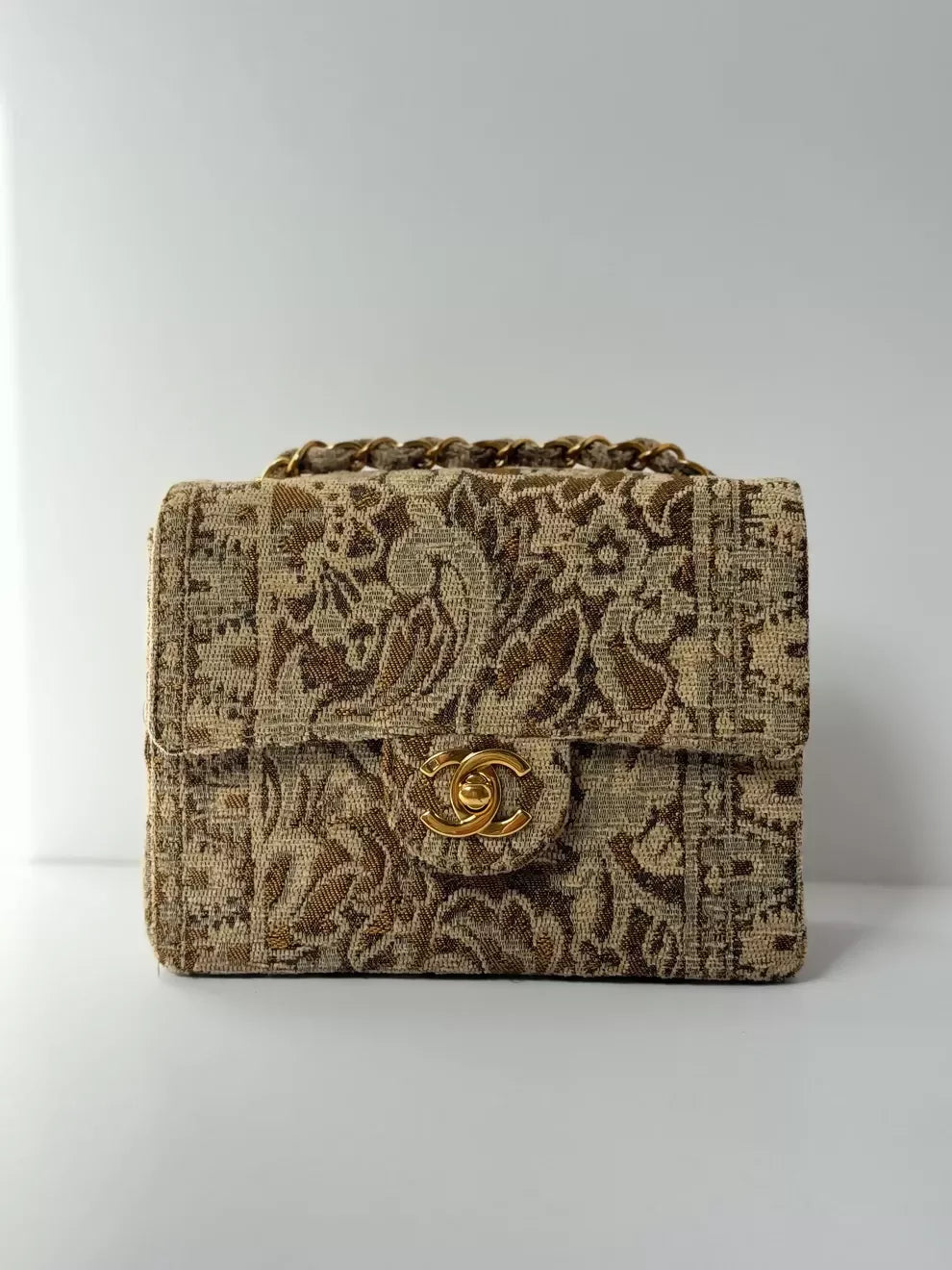 Chanel Vintage 1991 Bronze Metallic Brocade Mini Square Flap Bag