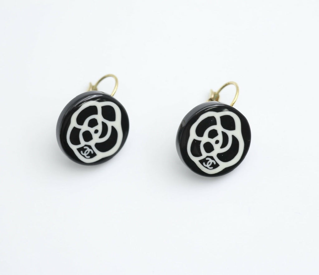 Chanel Vintage 03P Resin Black and White Camellia Button Hoop Earrings