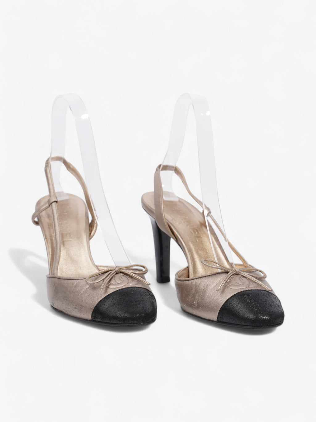 Chanel CC Slingback Pumps 80mm Champagne / Black Lambskin Leather EU 36 UK 3