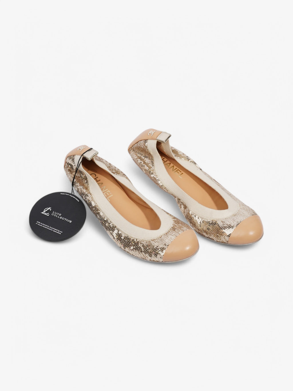 Chanel CC Ballerina Pumps Gold / Nude Sequin EU 38.5 UK 5.5