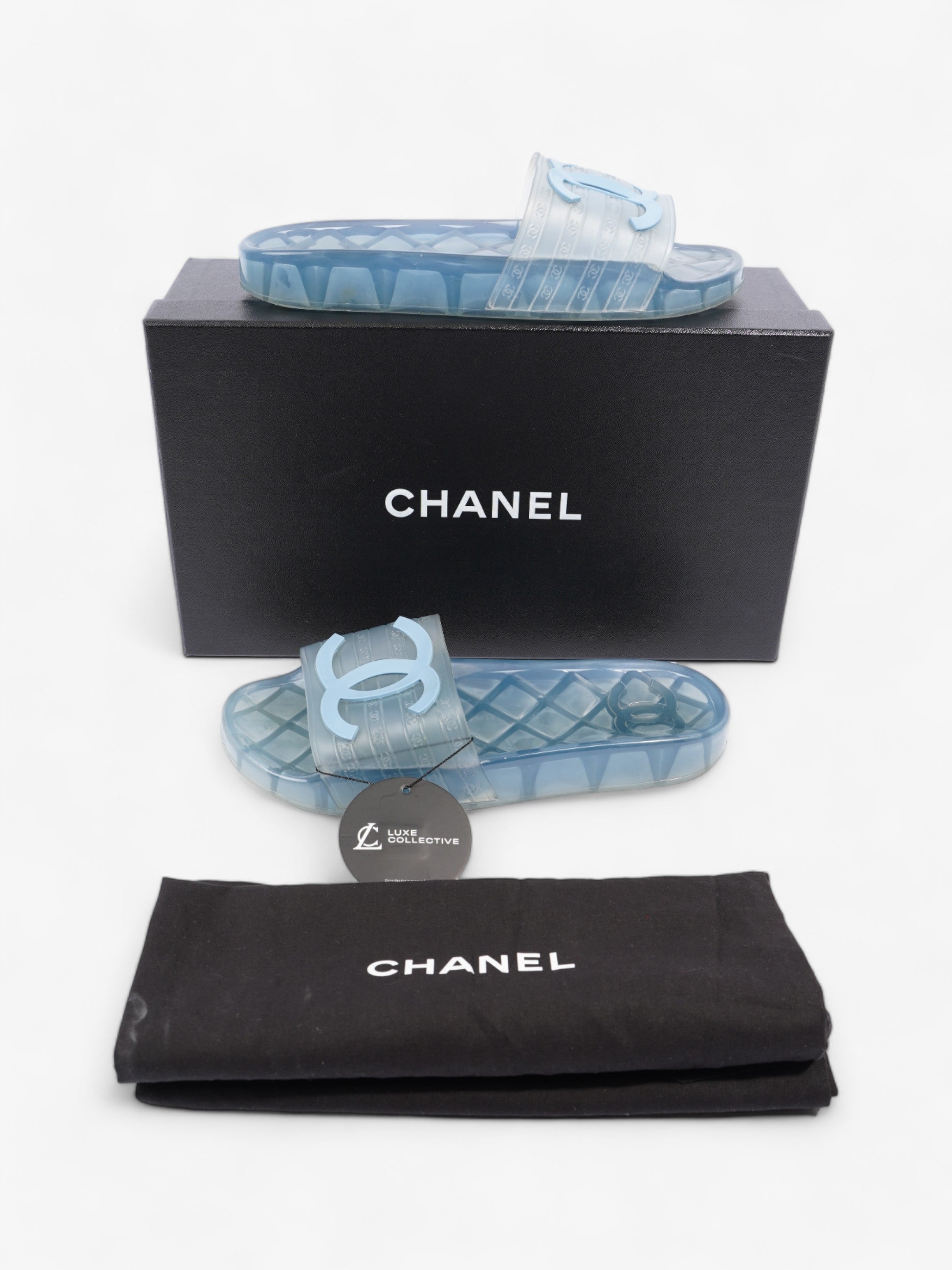 Chanel CC Logo Transparent Slides Blue PVC EU 38 UK 5