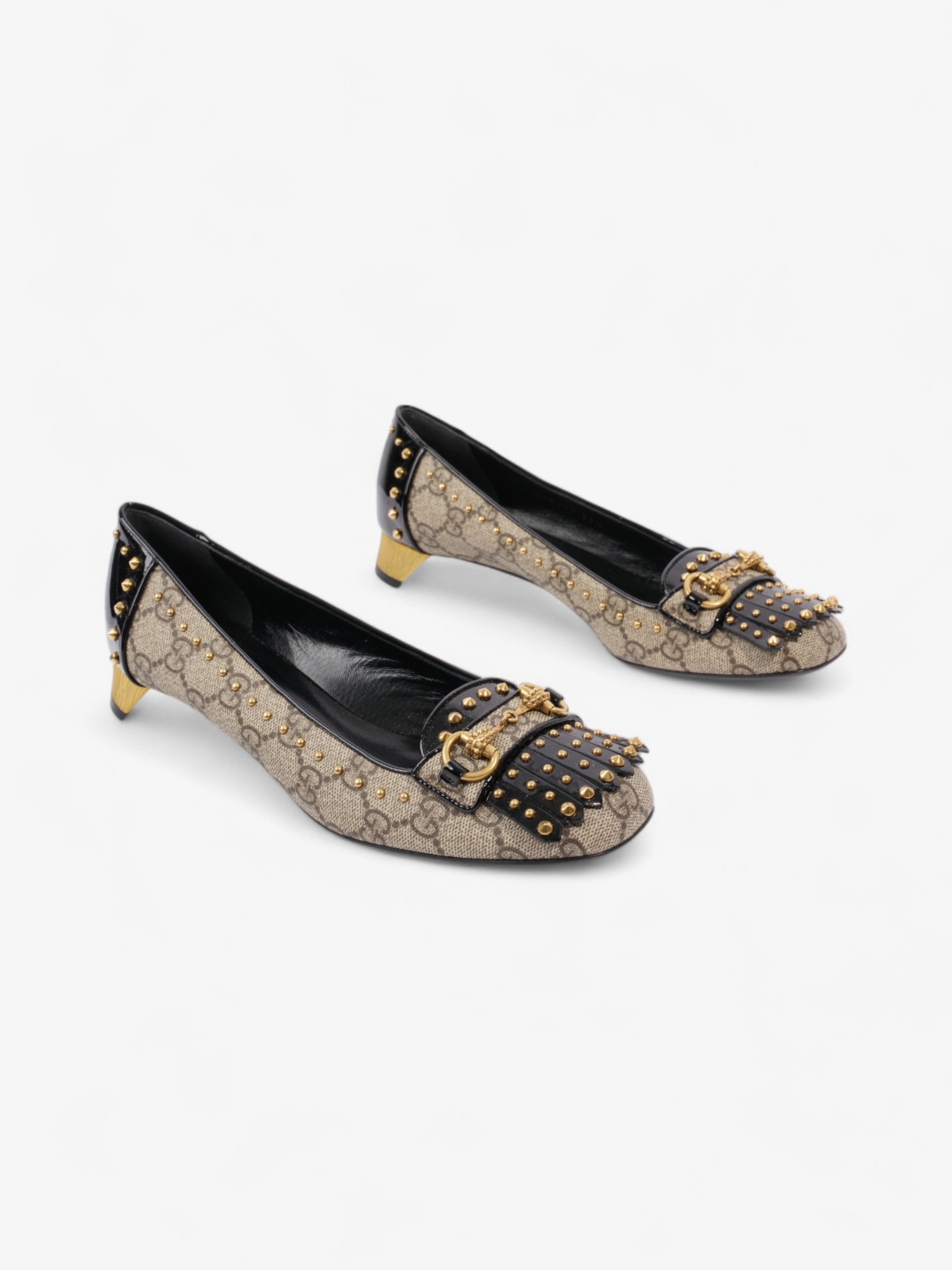 Gucci Horsebit Platform Pump 25 Beige  / Black / Gold Coated Canvas EU 37.5 UK 4.5