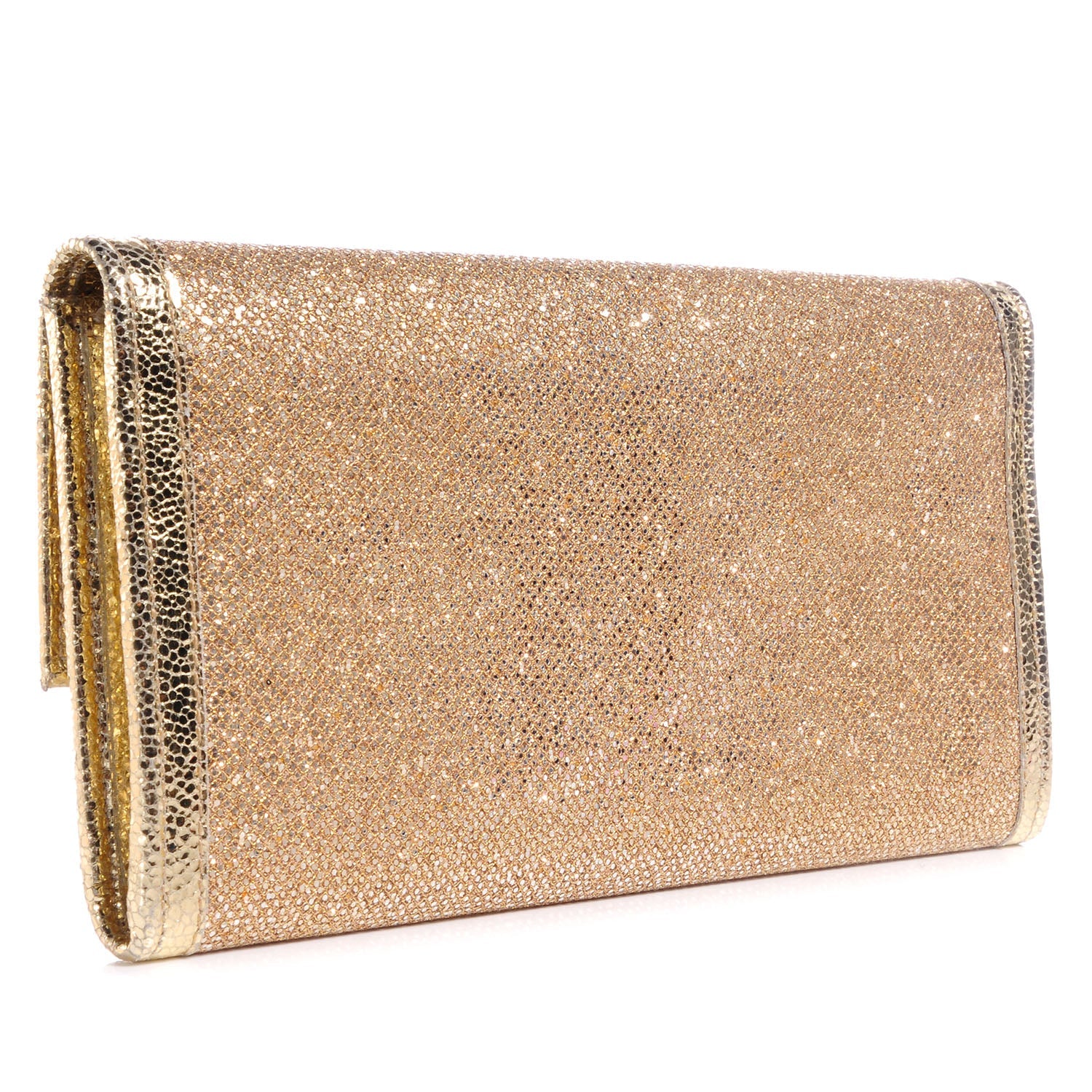 JIMMY CHOO GOLD GLITTER LEATHER REESE CLUTCH BAG