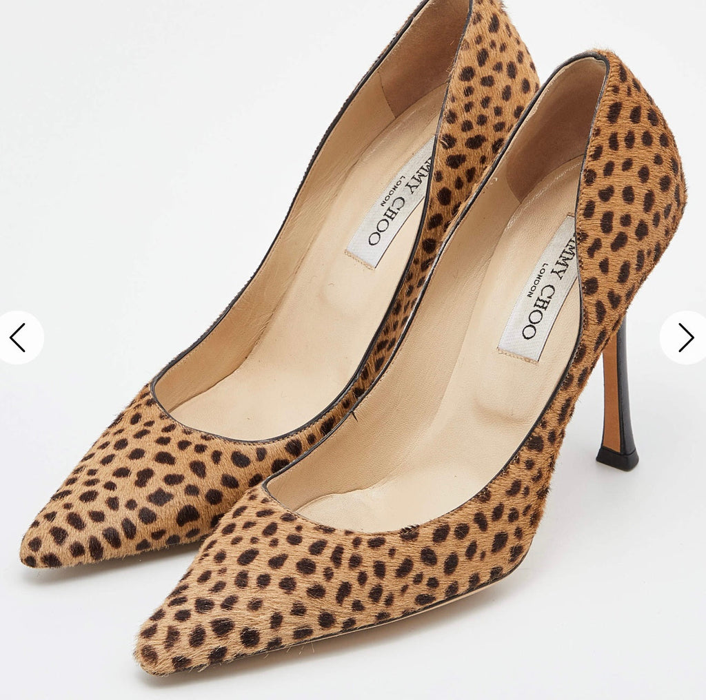 JIMMY CHOO LEOPARD PRINT CALFHAIR POINTED TOE PUMPS