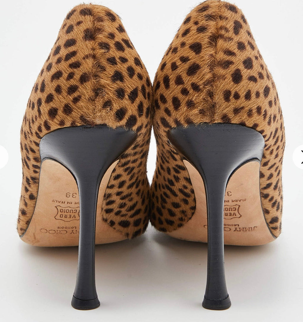 JIMMY CHOO LEOPARD PRINT CALFHAIR POINTED TOE PUMPS